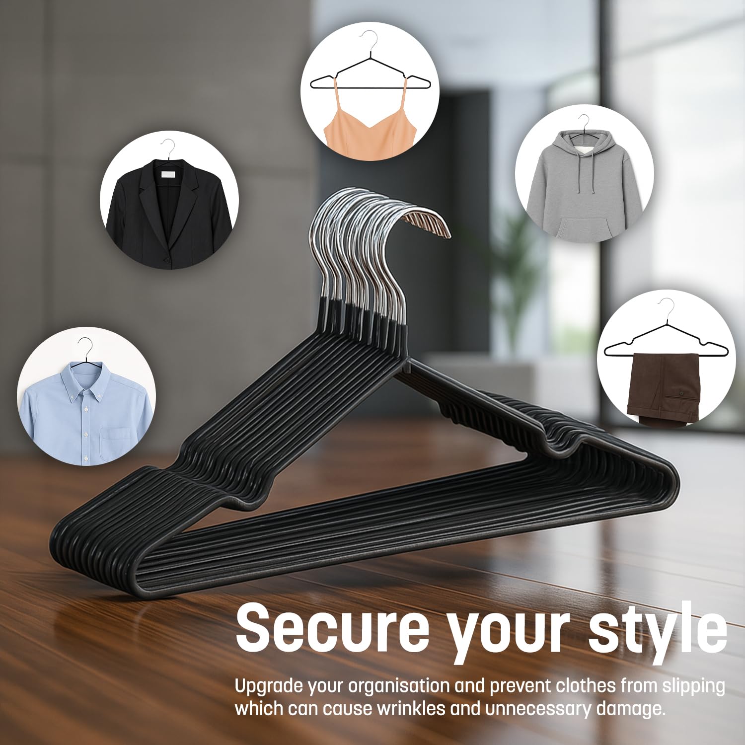 KEPLIN 20 Pack Rubber Coated Metal Hangers - Heavy Duty, Space Saving, Anti-Slip | Black 6