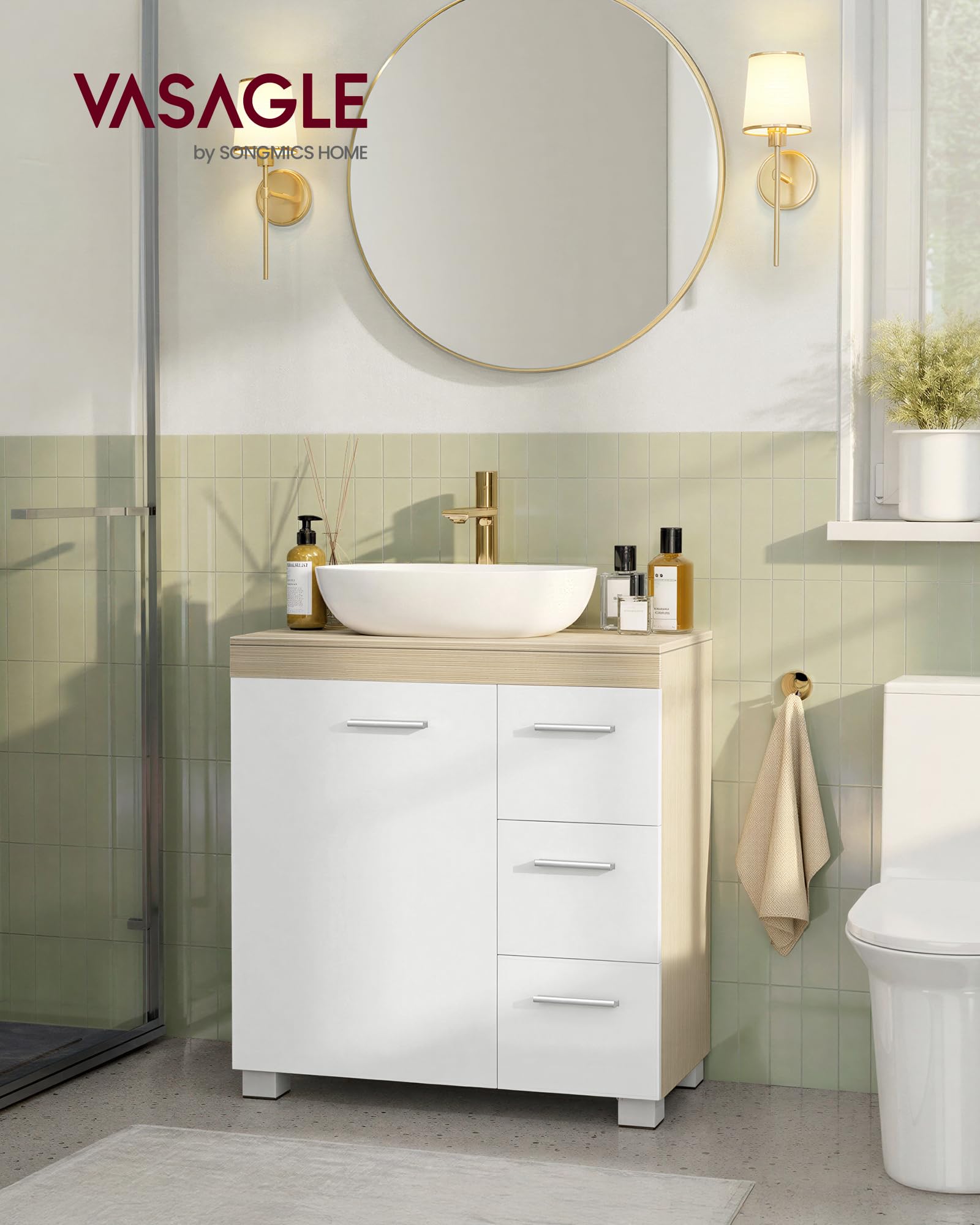 VASAGLE Under Sink Bathroom Cabinet - 3 Drawers, Adjustable Shelf | Cloud White + Natural Beige