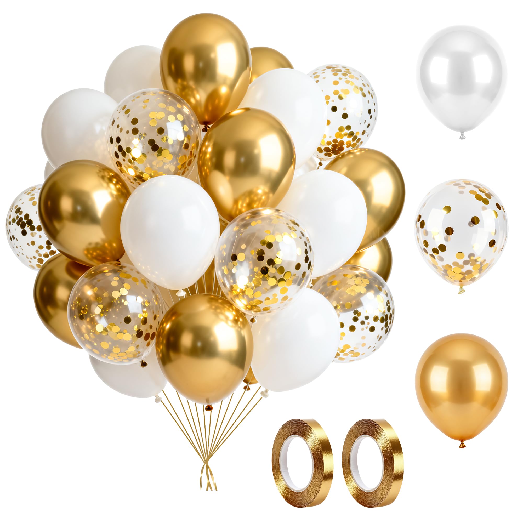 Vonsera Gold and White Balloons Set - 70 Pcs Assortment with Gold Ribbon | Latex Material 7
