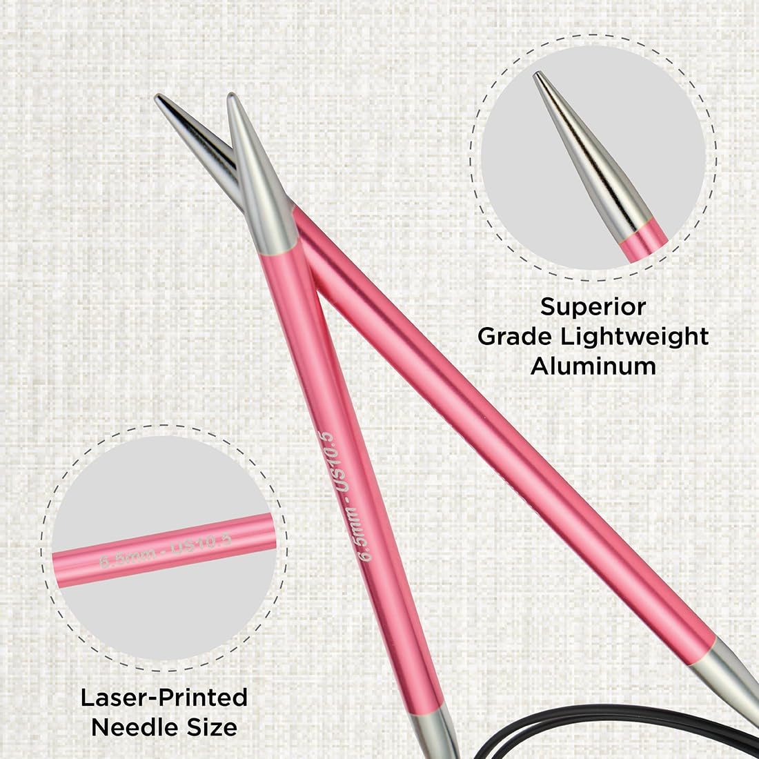 KnitPro Zing Fixed Circular Knitting Needles - 80cm Length, 6.50mm Size, Aluminium 2