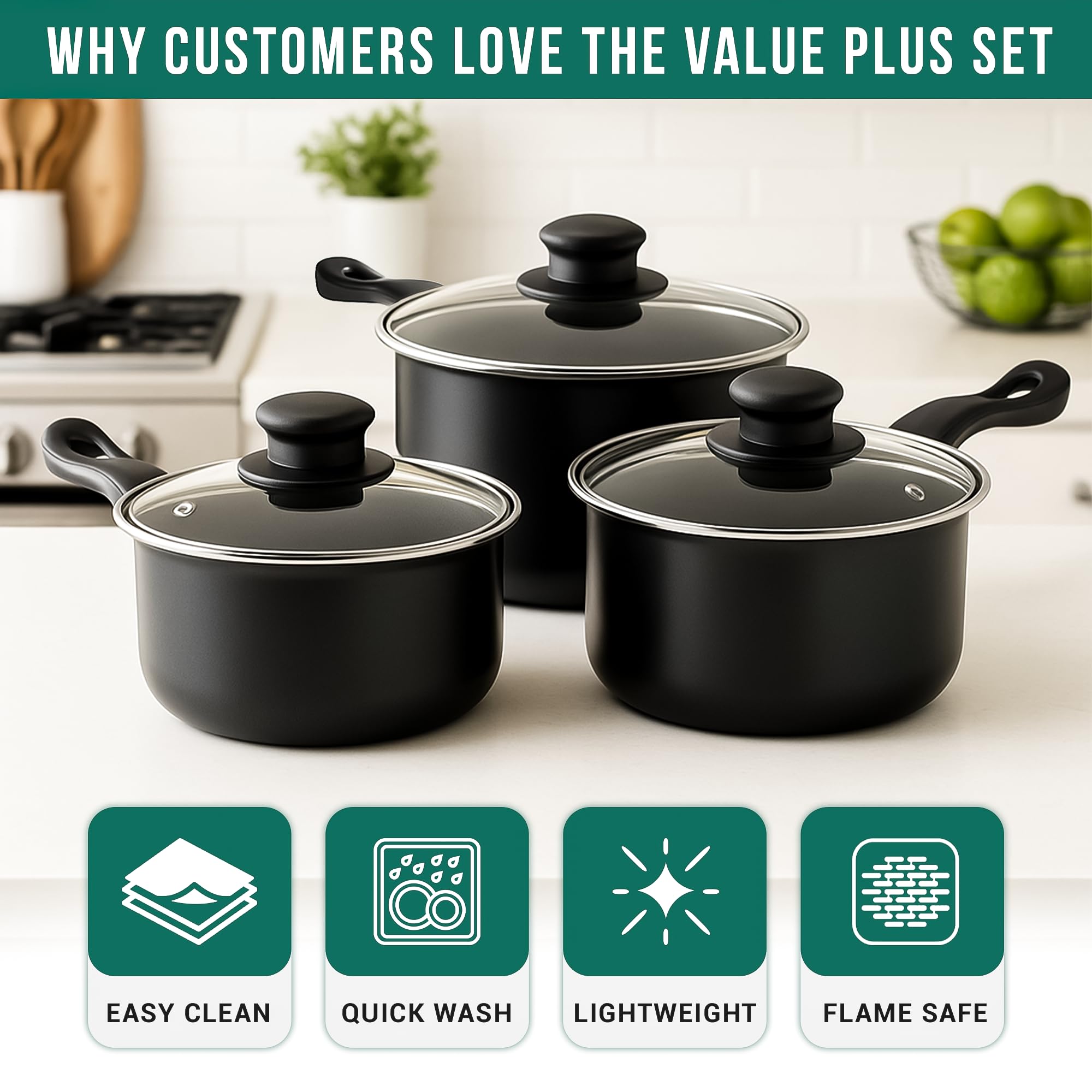 Pendeford Value Plus AP120 Saucepan Set - 3 Piece Carbon Steel Cookware with Glass Lids 5