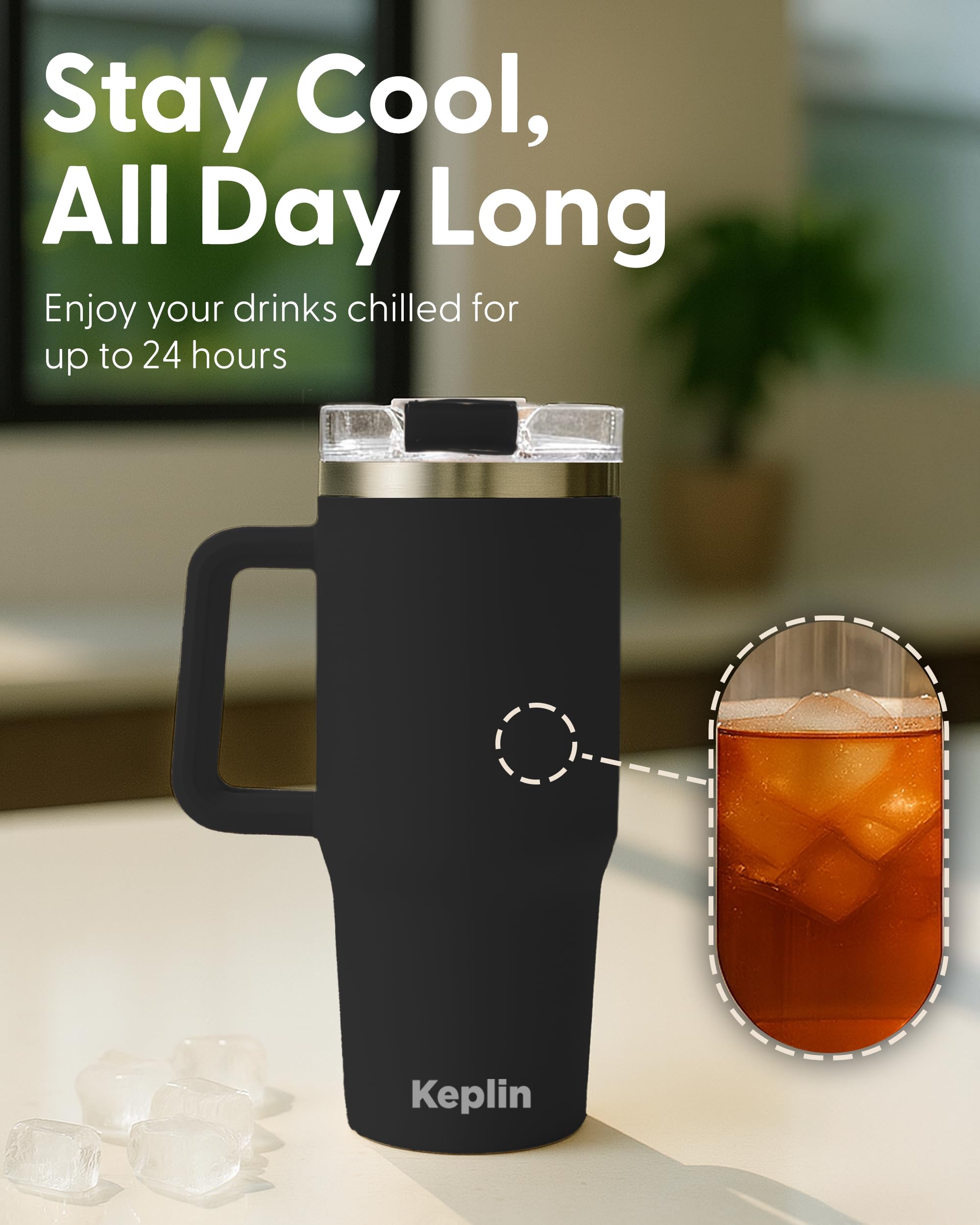 KEPLIN 40 oz / 1200 ml Insulated Travel Tumbler - Double Wall Stainless Steel | Black 6