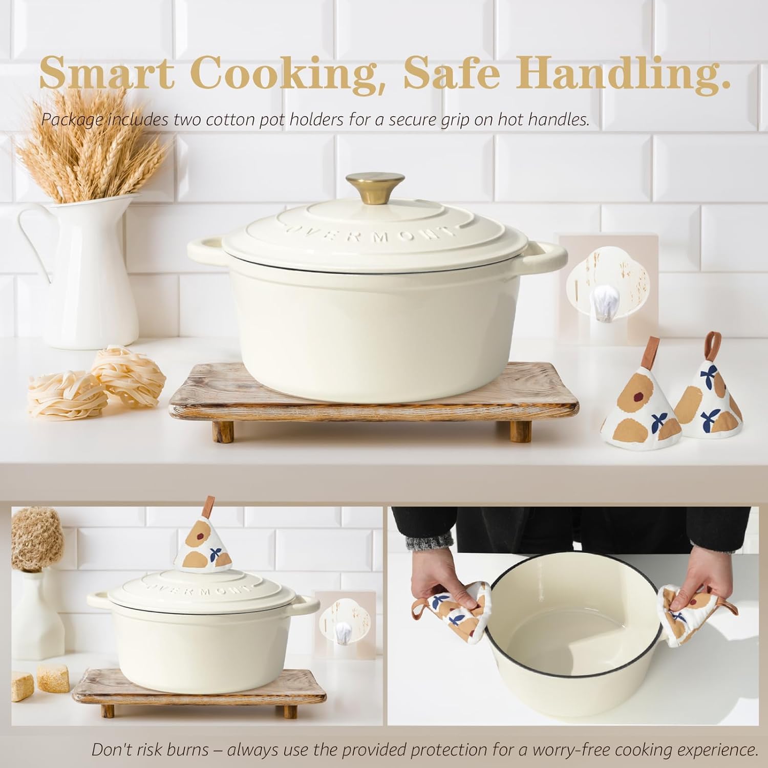 OVERMONT 26cm/5.2L Enamelled Cast Iron Round Casserole Pot with Lid | Cream White | 5.5QT 8