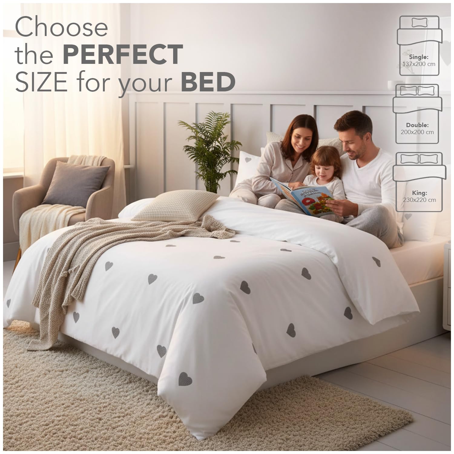 GC GAVENO CAVAILIA Luxury Polycotton Duvet Cover Set with Embroidered Heart | King Size | White/Charcoal 6
