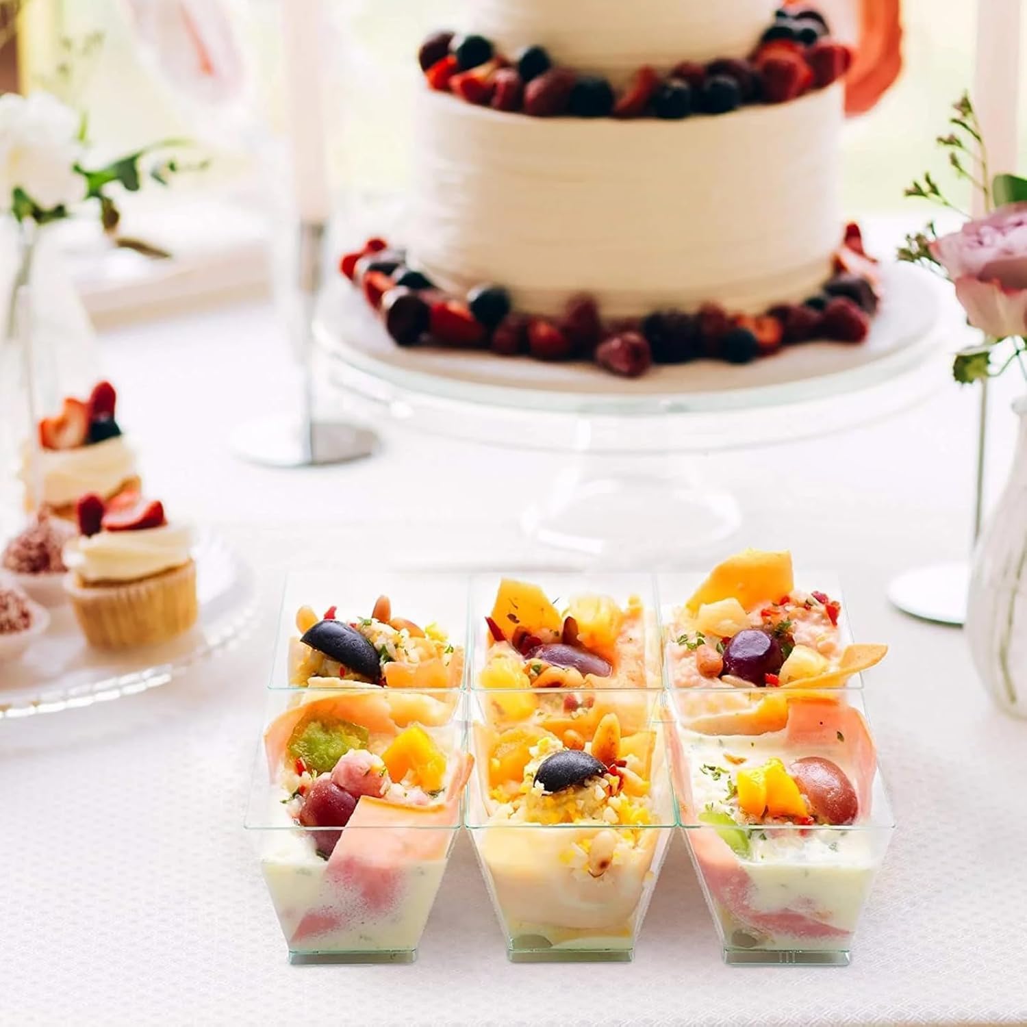 Woobroo Dessert Cups - 50 Pack Mini Square Pots 2oz/60ml Reusable Clear | Includes Spoons 6