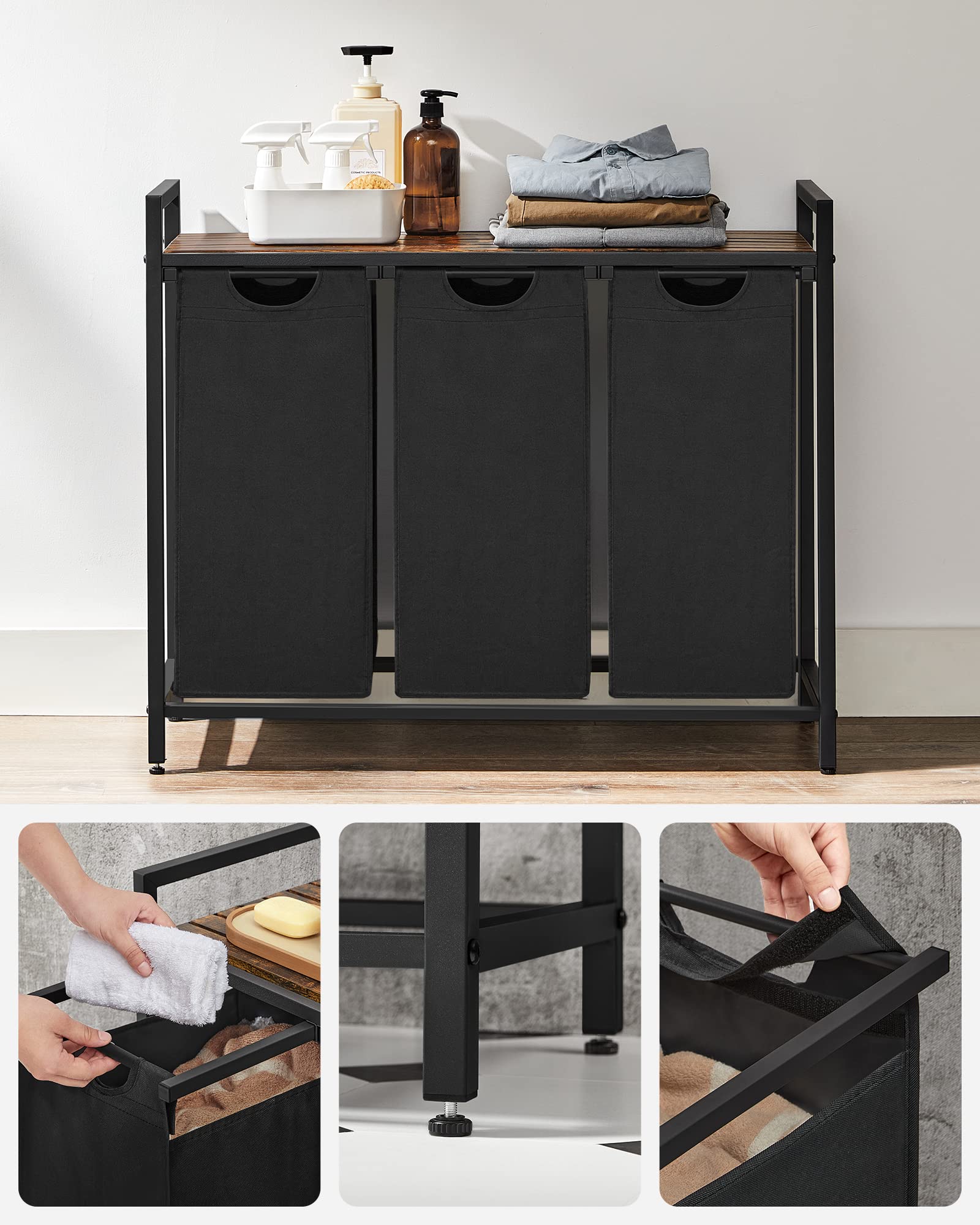 VASAGLE 3-Compartment Laundry Hamper with Pull-Out Liners | 120 L Capacity | Rustic Brown + Black 8