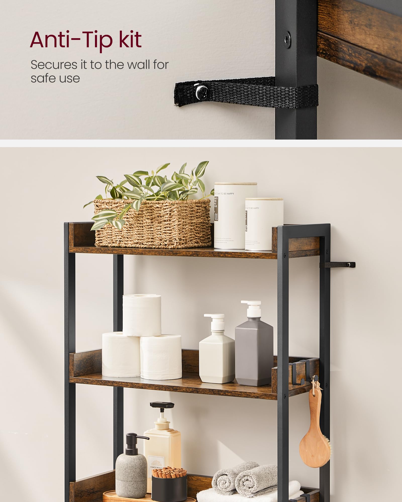 VASAGLE 3 Tier Over the Toilet Storage Shelf | Industrial Style | Rustic Brown & Black | BTS002B01 9