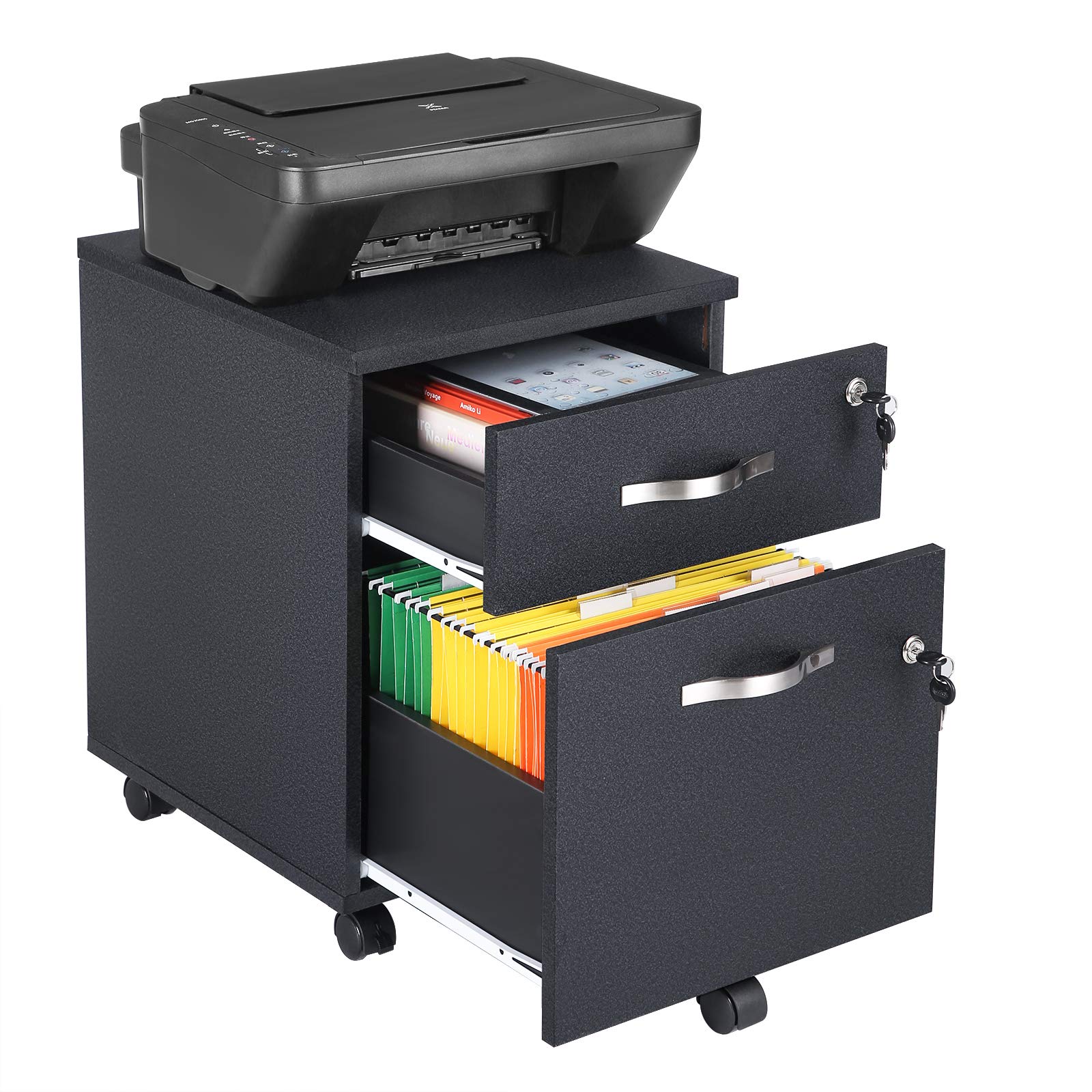VASAGLE Lockable Mobile File Cabinet - 2 Drawers | Black | 5 Wheels (2 Locking)