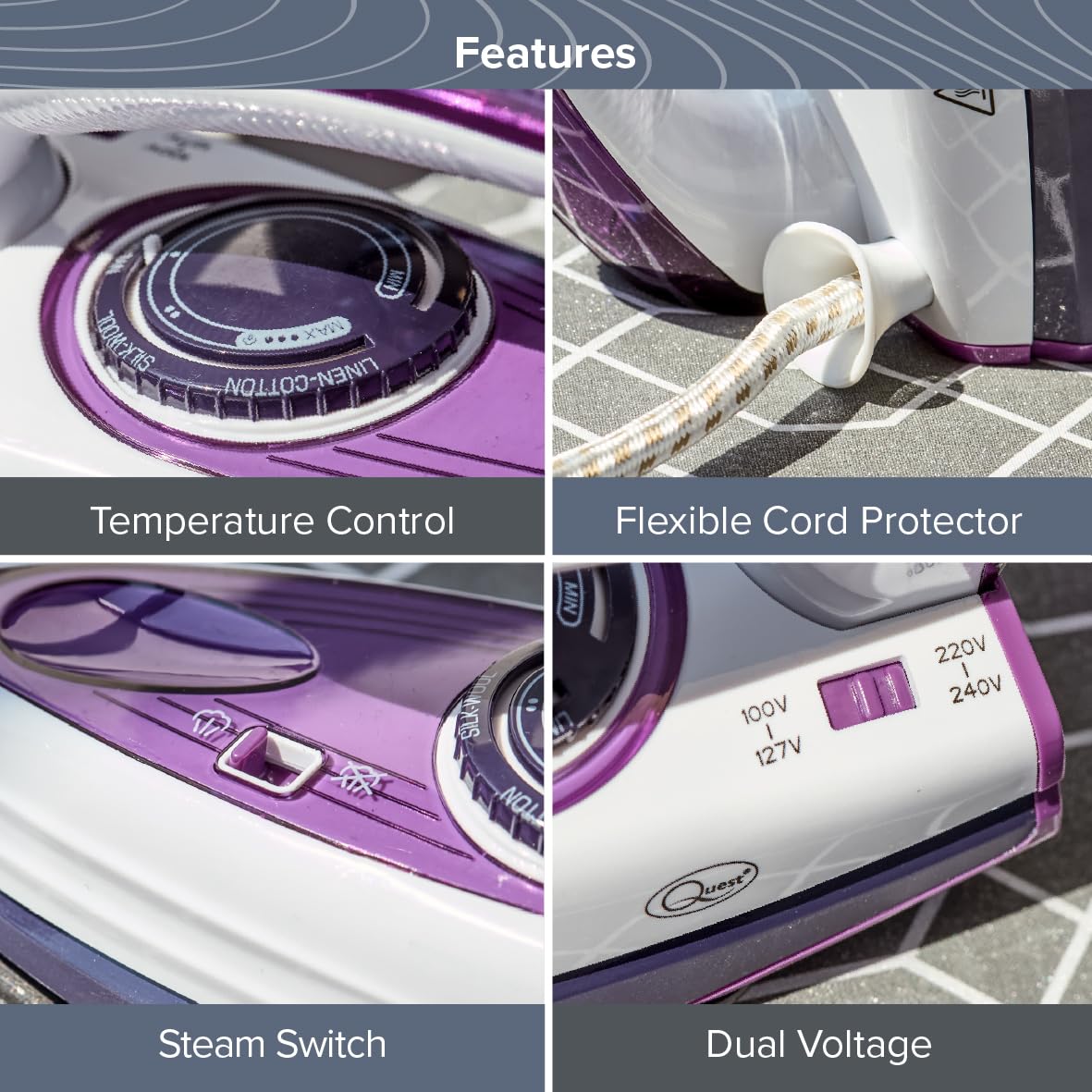 Quest 34030 1000W Travel Steam Iron - Collapsible Handle, Dual Voltage, 50ml Tank 3