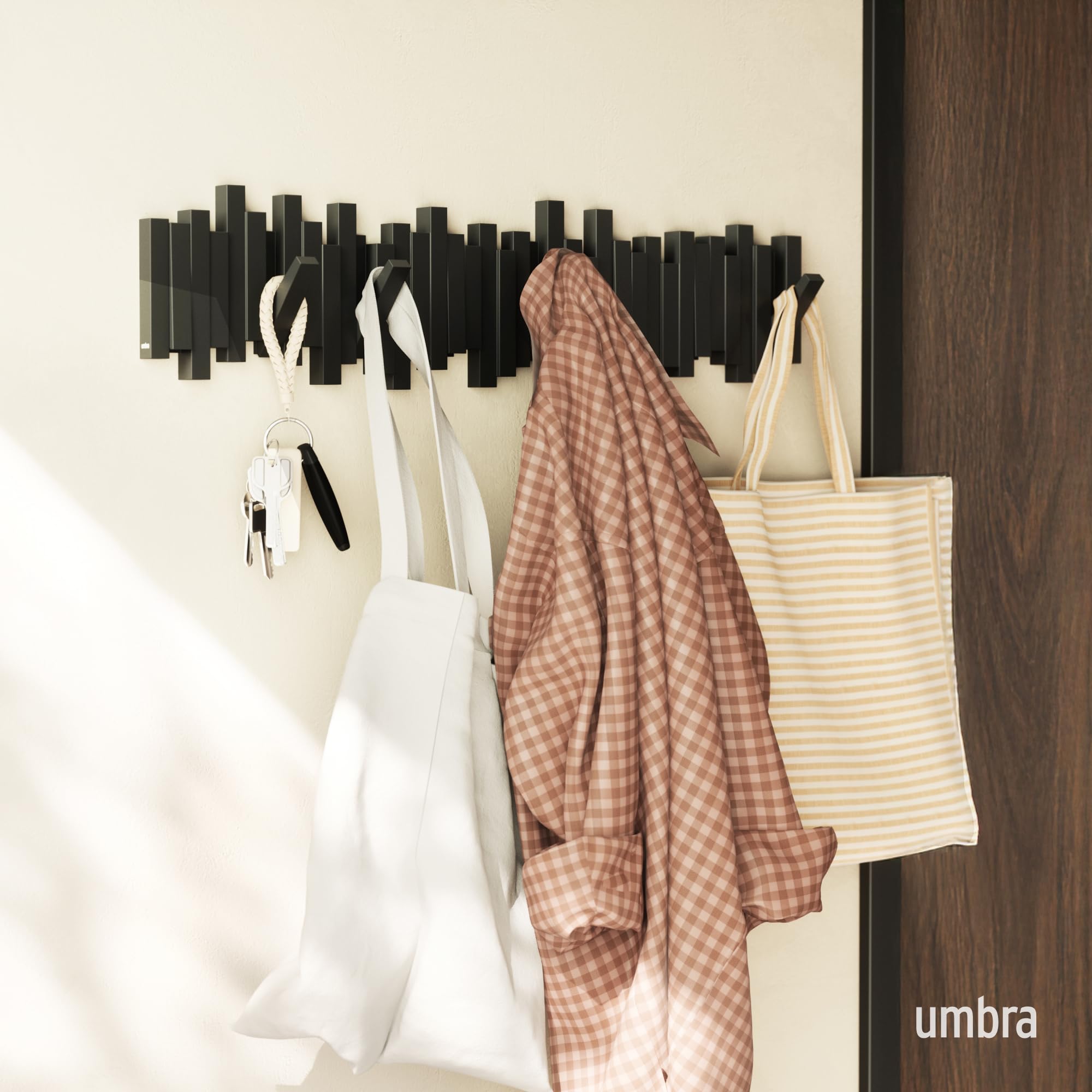 Umbra Sticks Wall-Mounted Coat Rack Rail Hook - 8 Retractable Pegs | Black | Polystyrene 2