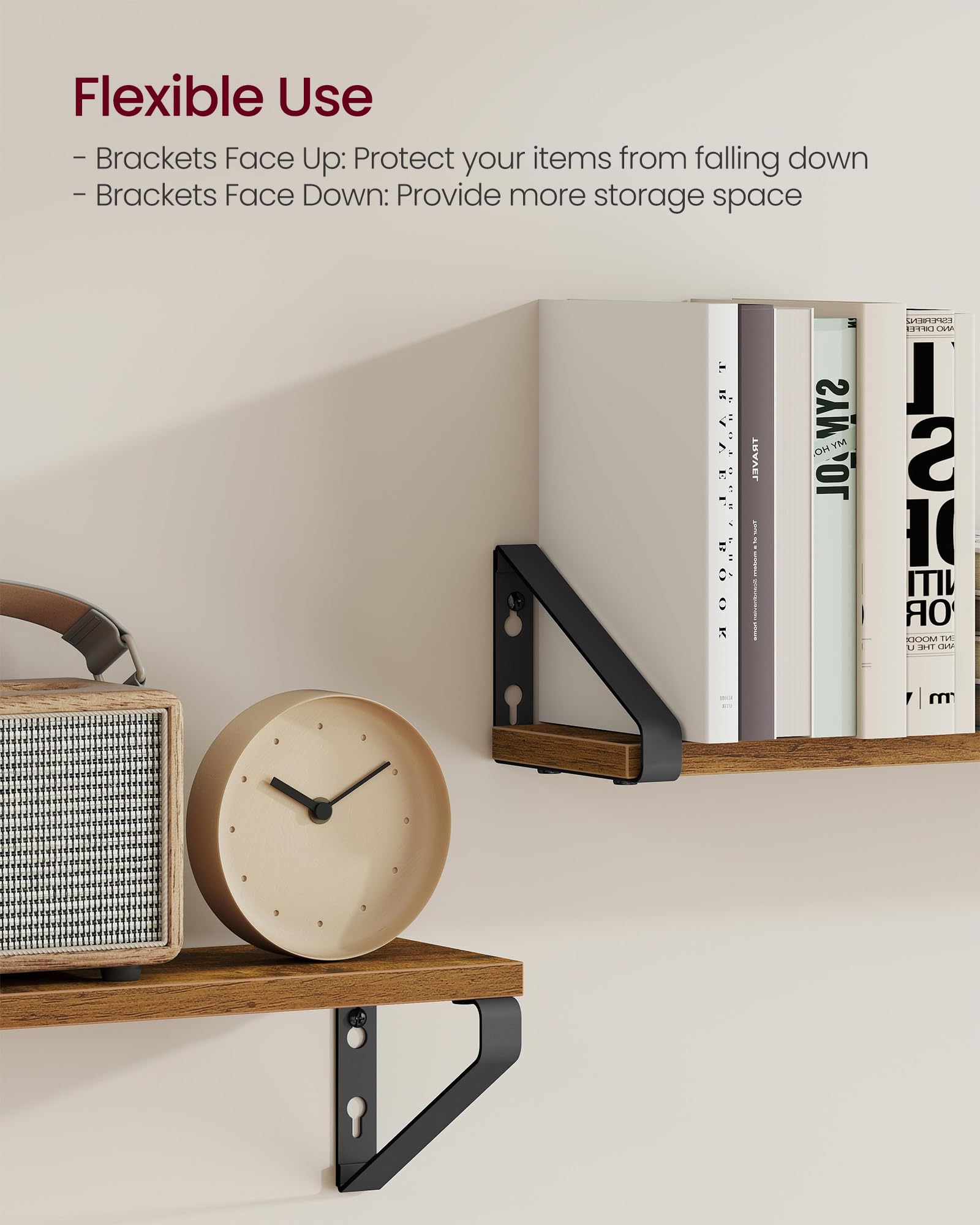 VASAGLE Floating Wall Shelves - Set of 2 Rustic Brown Shelves | Heavy Duty Steel Brackets | 22 lb Capacity 5
