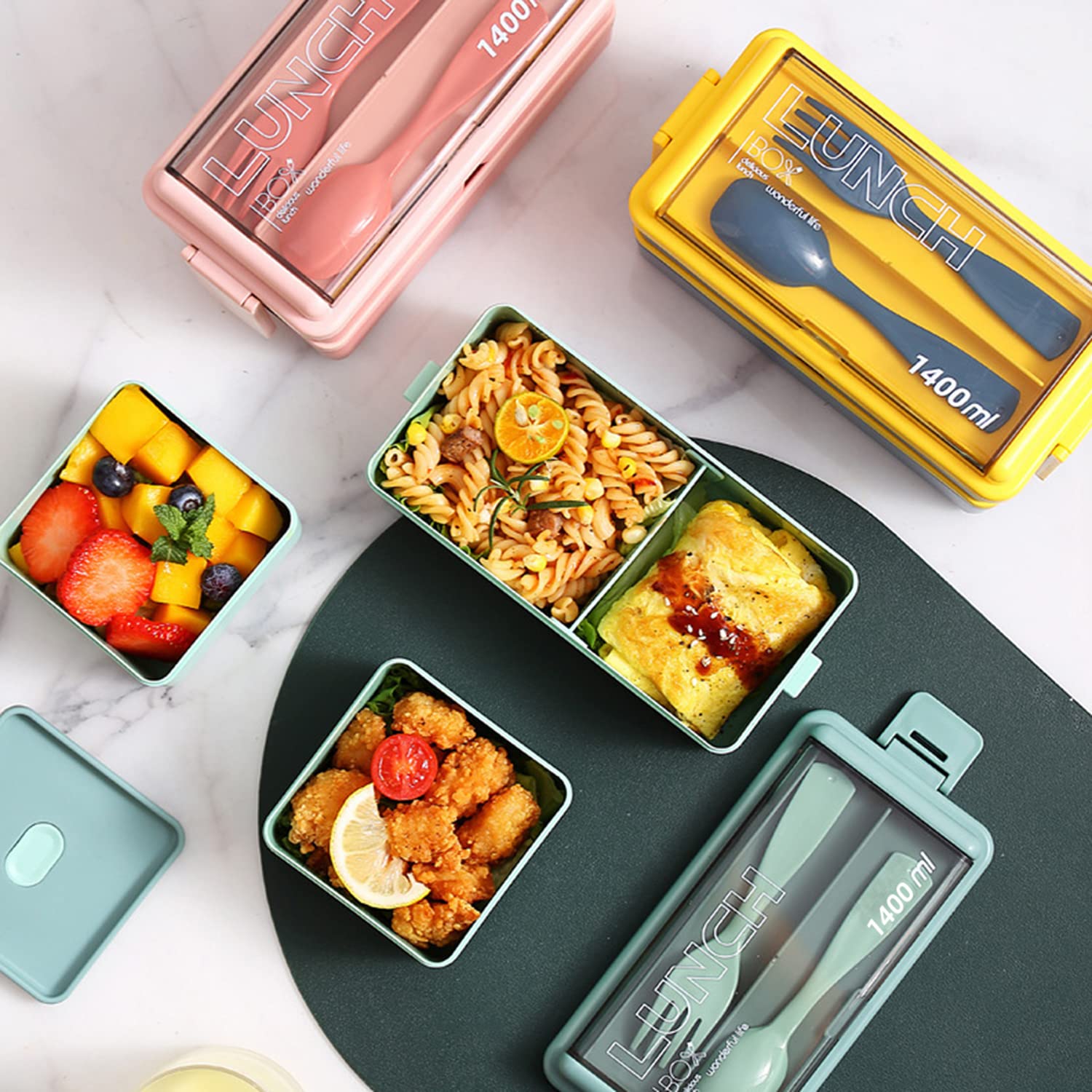 Lychico 1400ml Bento Box - Stackable 2 Layer with Spoon & Fork | Food Grade PP 7