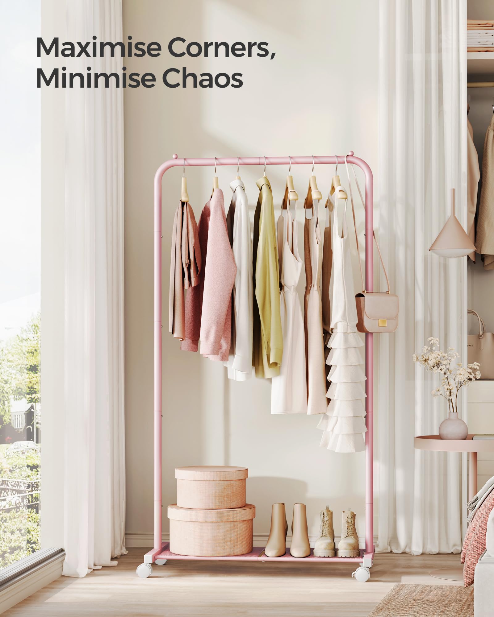 SONGMICS Clothes Rack on Wheels - Metal Rail with Storage Shelf | Pink | 74L cm 2