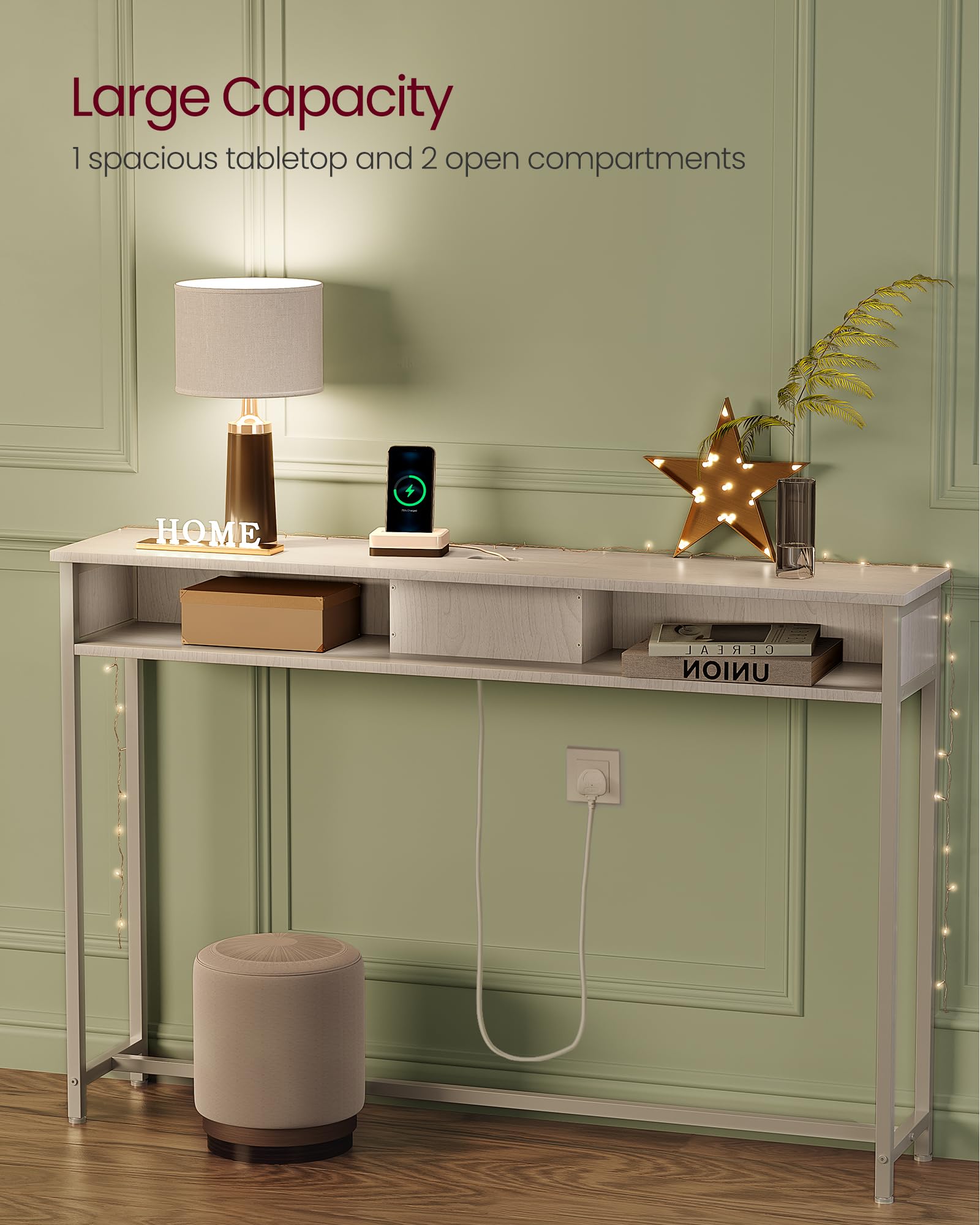 VASAGLE Console Table with Charging Station - Slim Design, Snow White, 120cm Wide 5