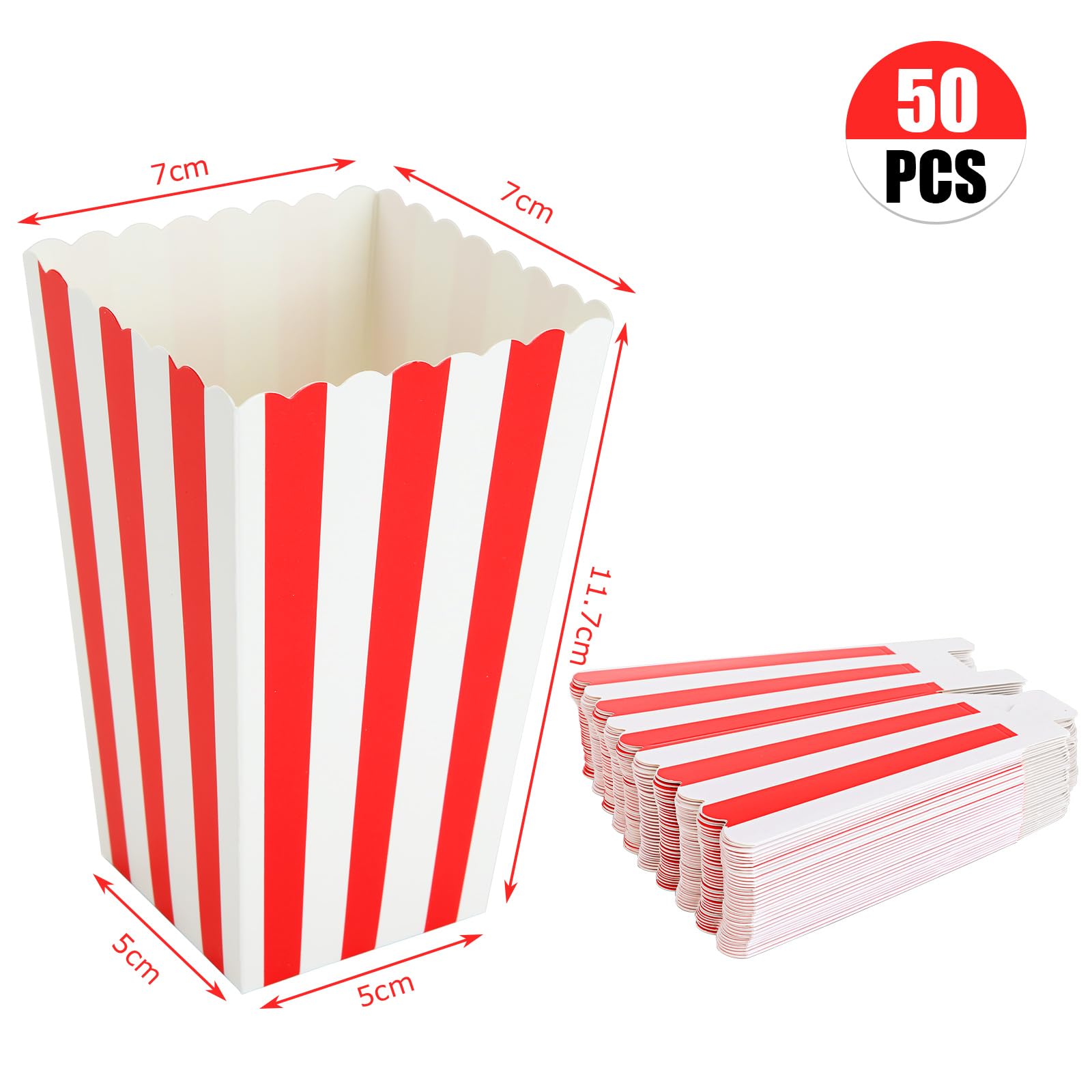 ASelected 50PCS Popcorn Boxes - Classic Red/White Stripe | Paper Container | Collapsible 2