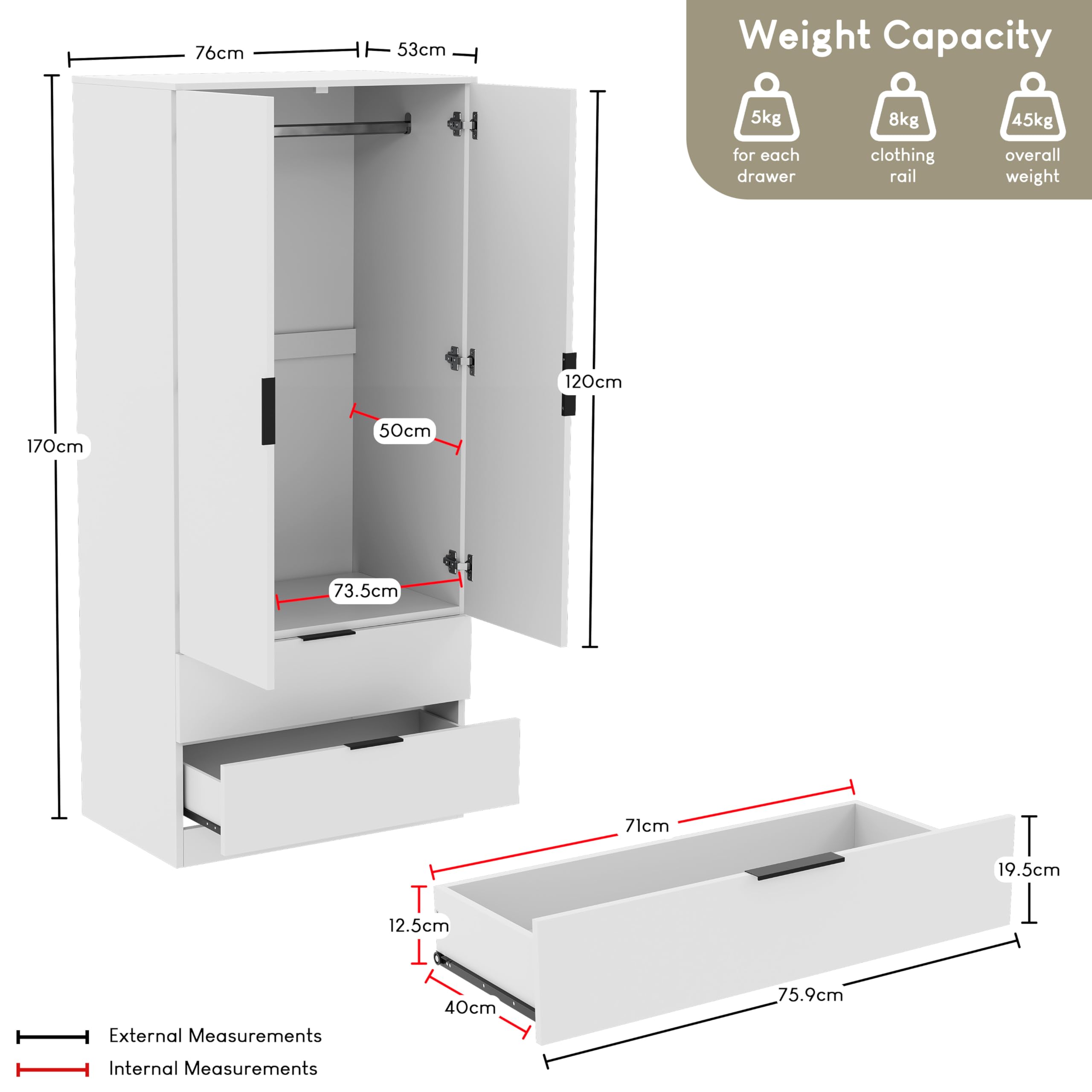 Vida Designs Trega 2 Door 2 Drawer Wardrobe - White | 170cm H x 76cm W | Engineered Wood 2