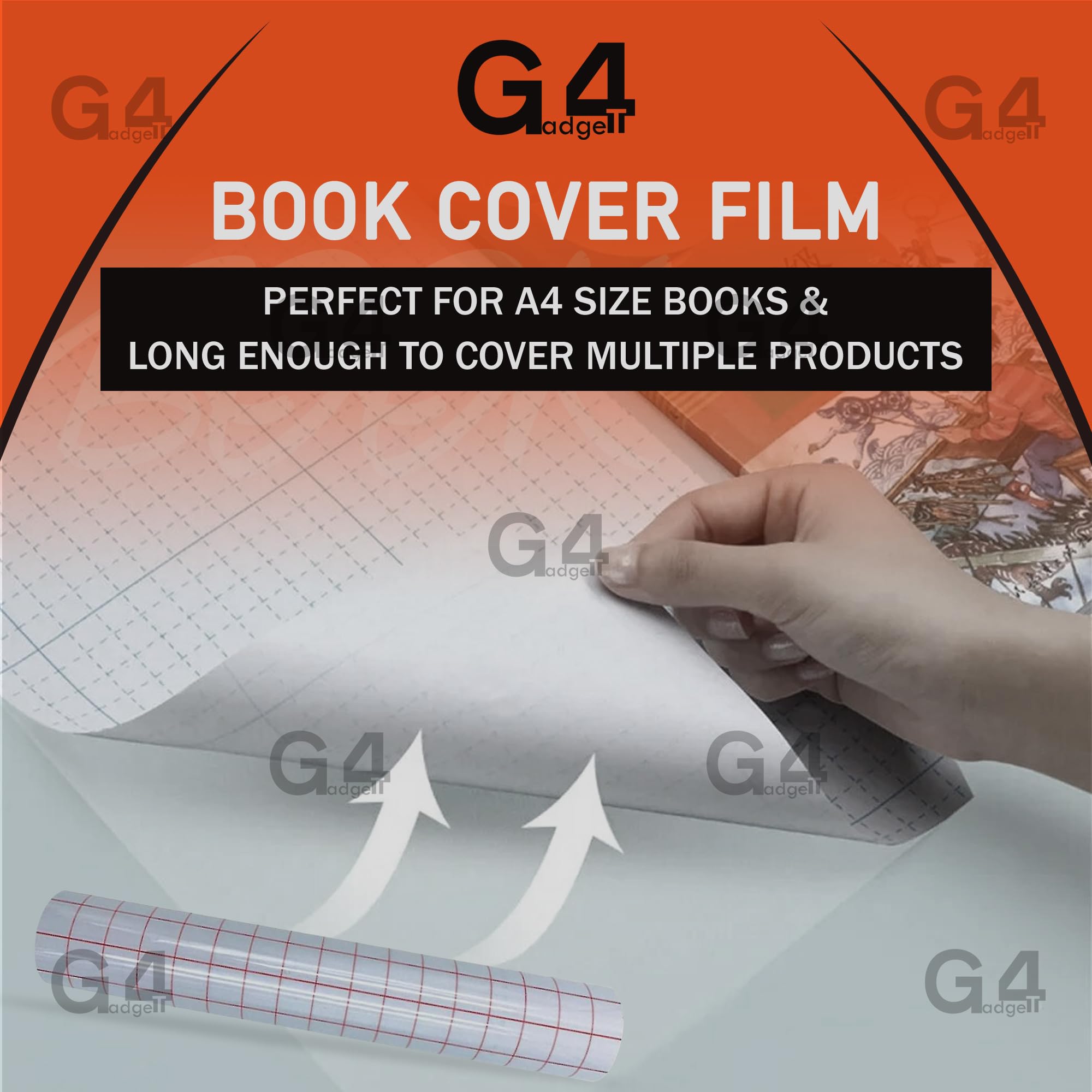 G4GADGET Clear Self-Adhesive Plastic Book Cover Film - 33 cm x 1 Meter | Repositionable | Grid-Lined Backing 3