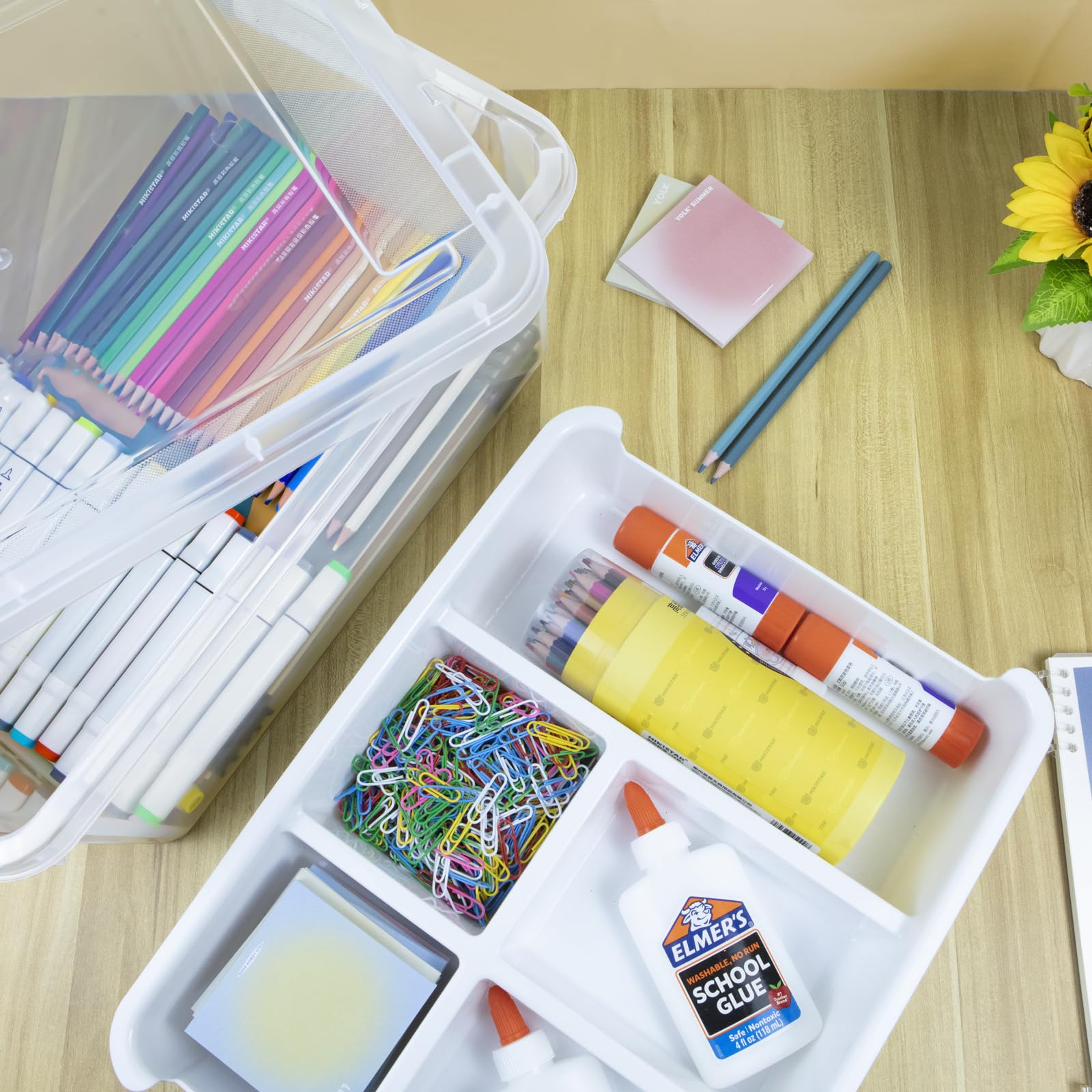 Creahaus 16L Storage Box with Removable 5-Compartment Tray | Stackable, White Plastic 5