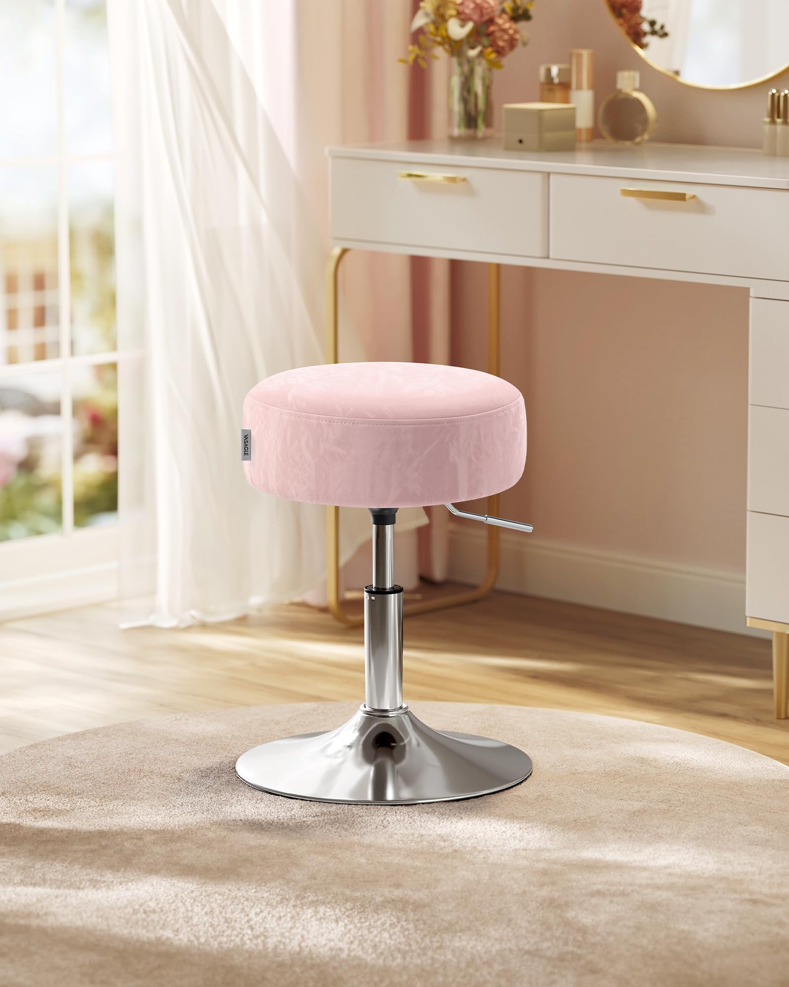 VASAGLE Height Adjustable Makeup Vanity Stool | Jelly Pink PU Leather | 45.5-57.5 cm Height Range