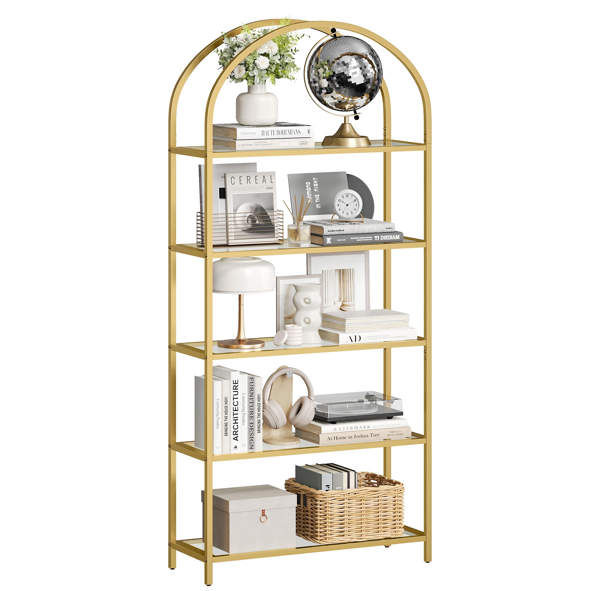 VASAGLE 5 Tier Shelving Unit - Tempered Glass Shelves | Gold Steel Frame | 83W cm