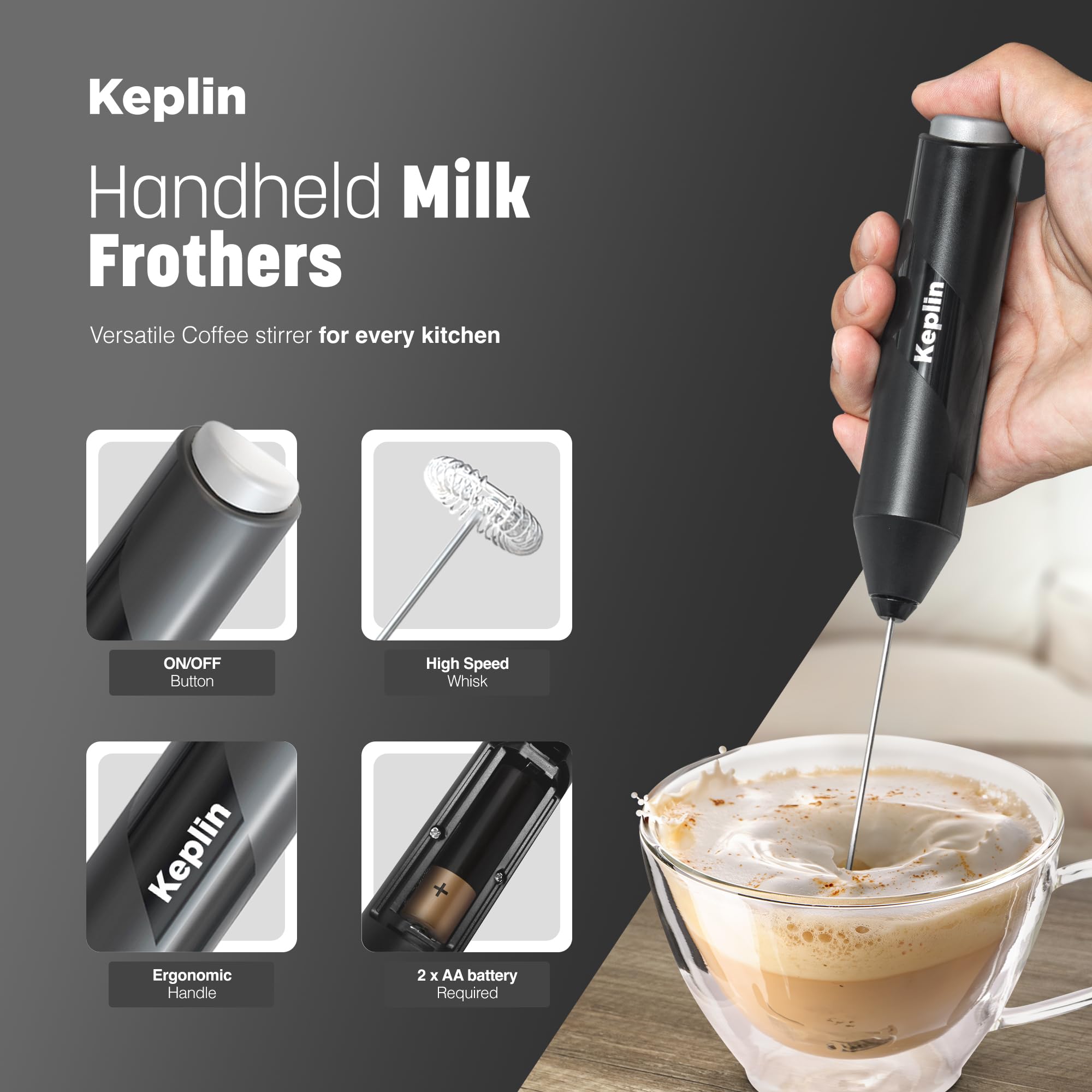 KEPLIN Handheld Milk Frother - Stainless Steel Electric Whisk | Portable | Black 3