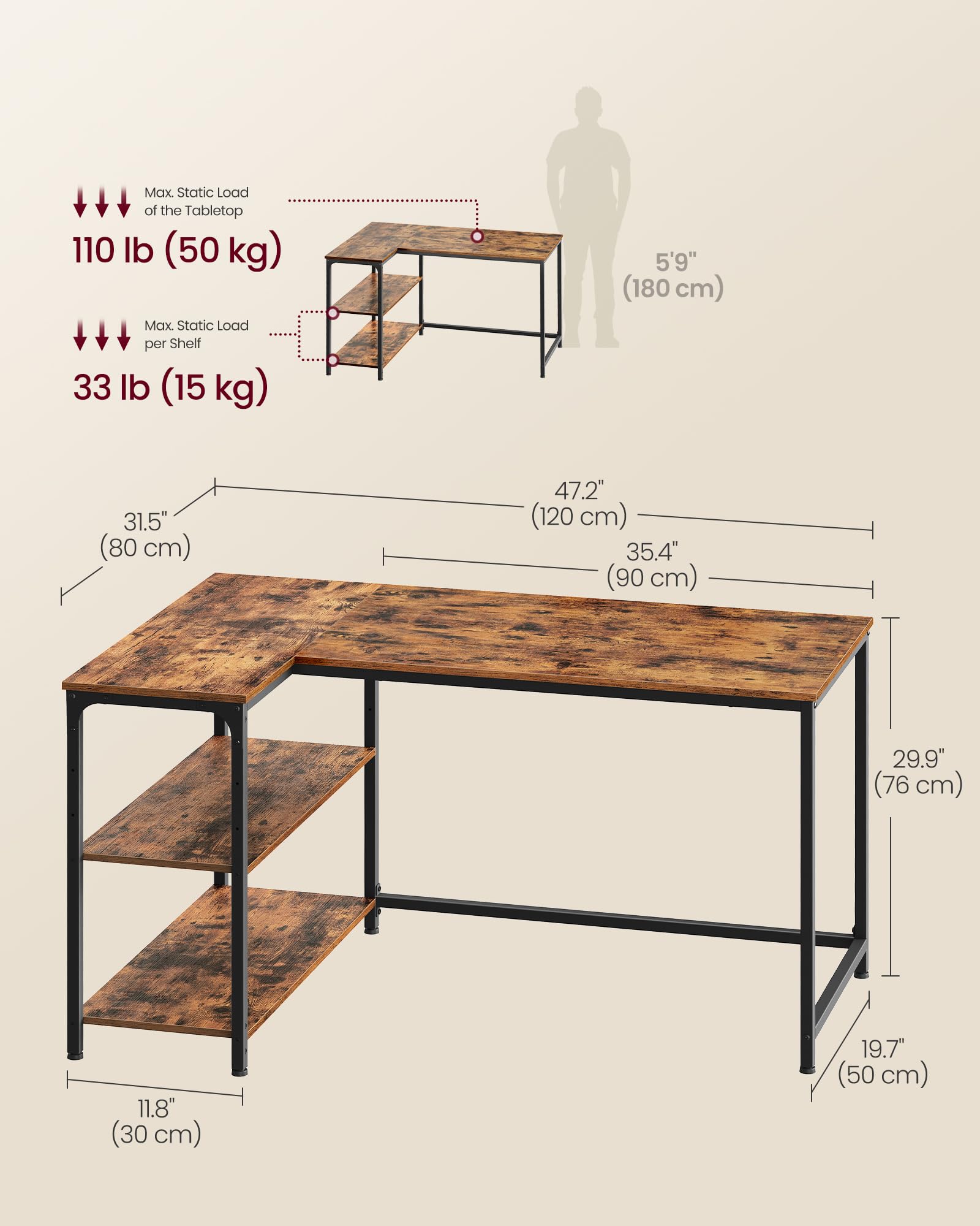 VASAGLE L-Shaped Computer Desk with Reversible Storage | 120 x 80 cm | Rustic Brown 3