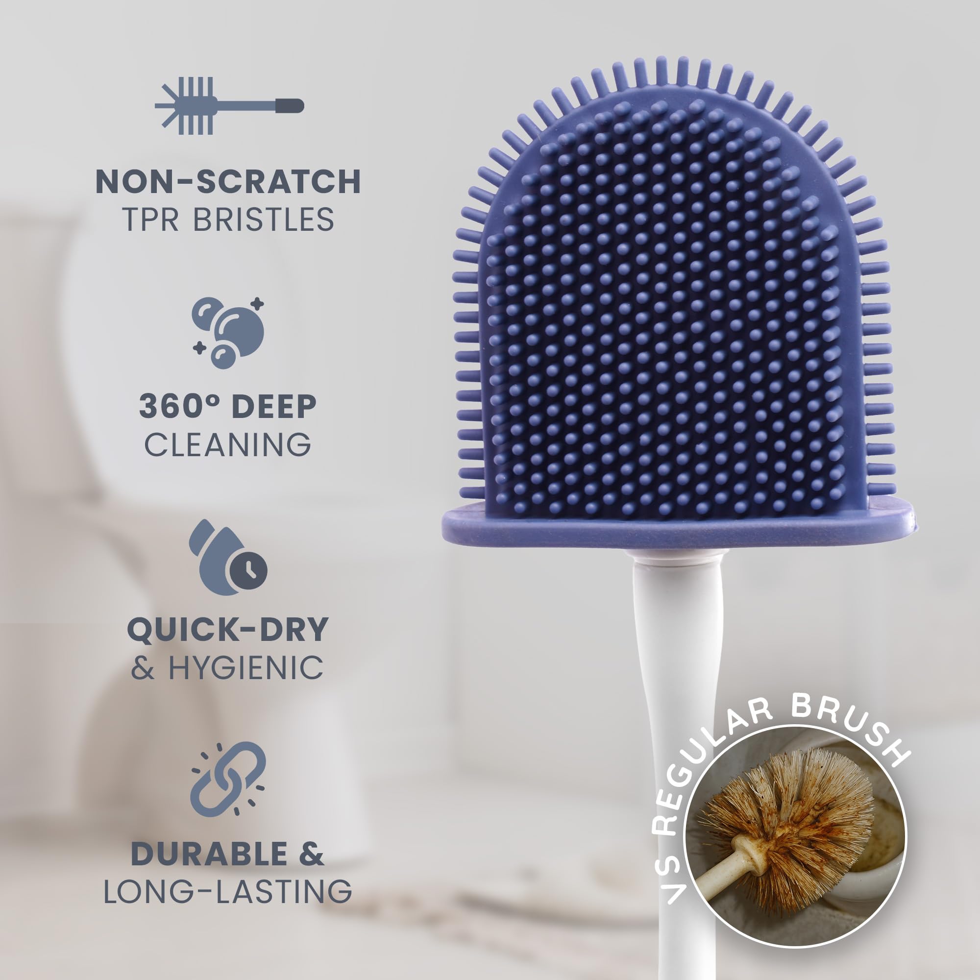 CUQOO Silicone Toilet Brush and Holder Set - Flexible TPR Bristles for Deep Cleaning | Ventilated Holder | White 4