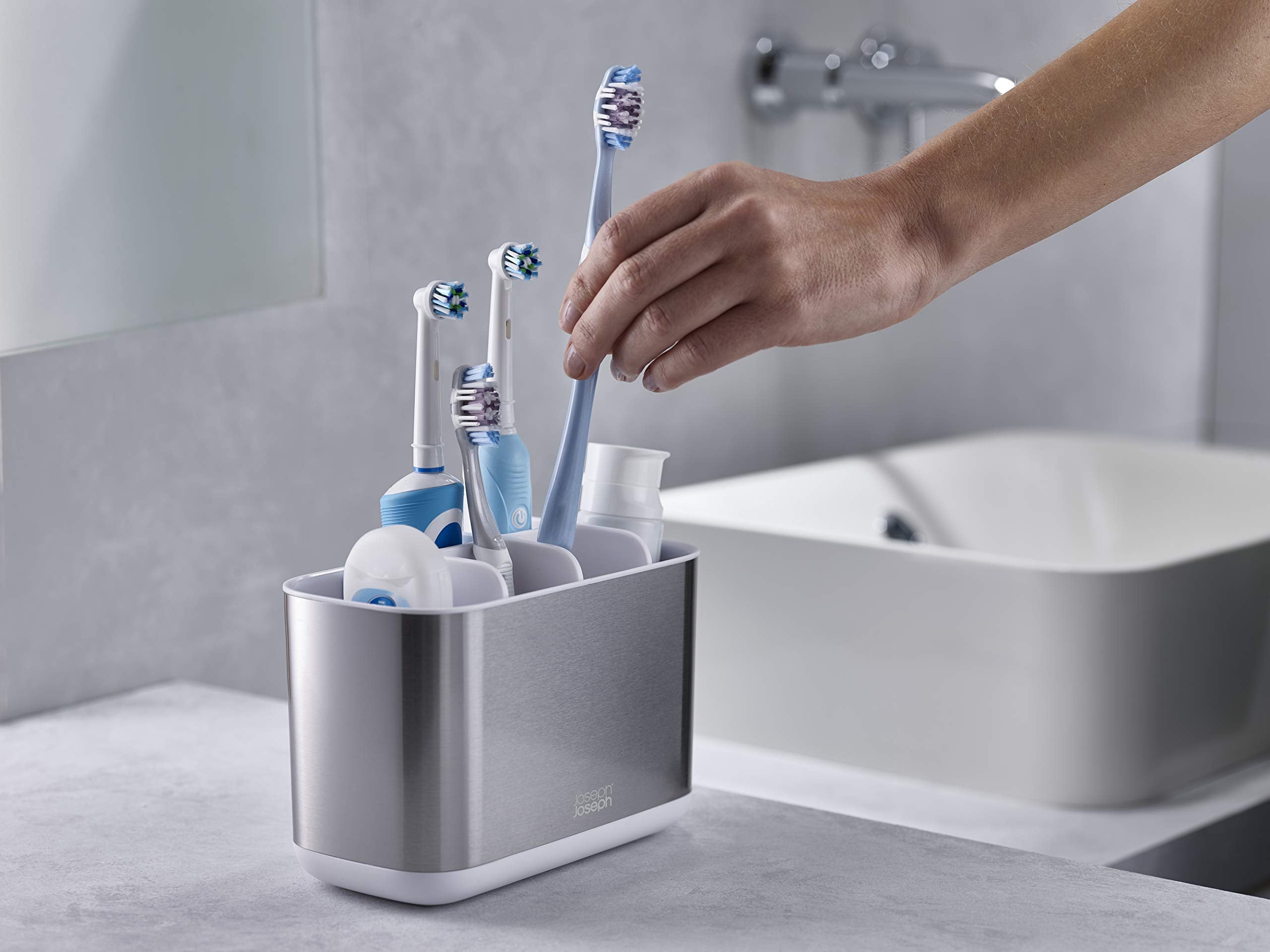 Joseph Joseph Easy-Store Large Toothbrush Holder Caddy - White/Steel | Ventilated & Fingerprint-Resistant 7