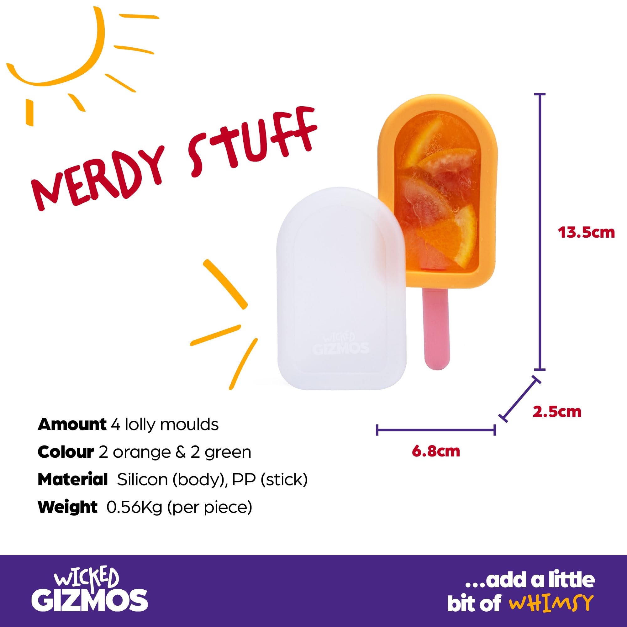 WICKED GIZMOS 4 Reusable Silicone Ice Lolly Moulds - BPA Free, Orange/Green 9
