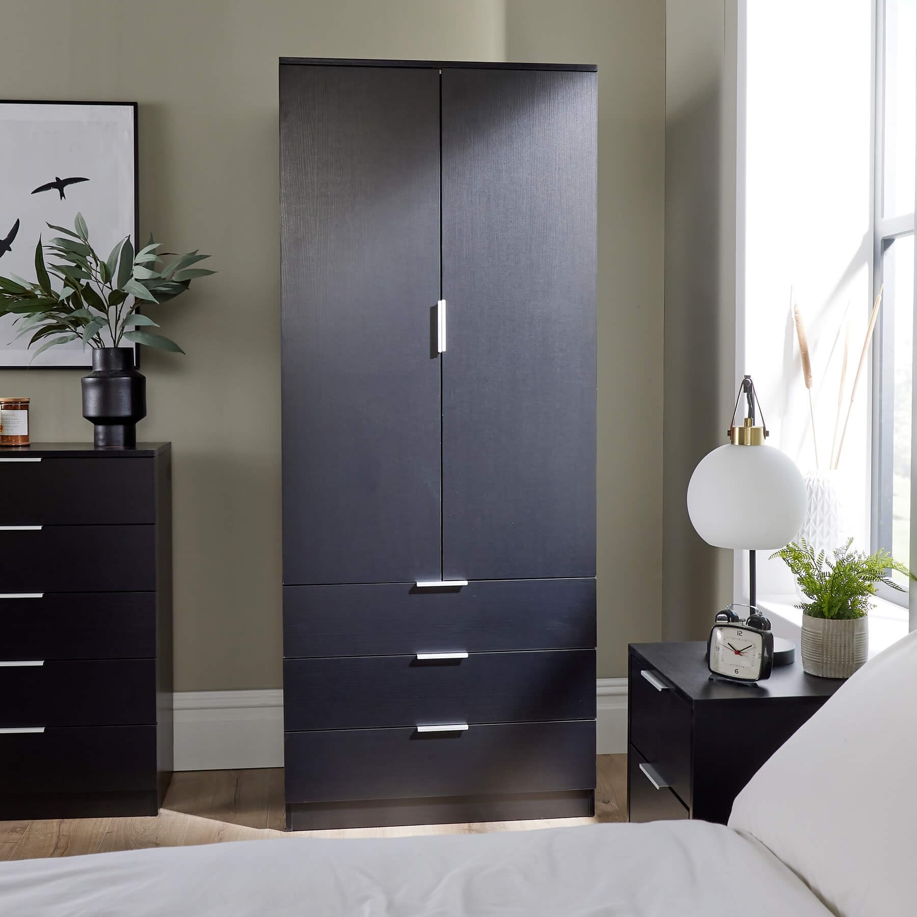 Home Source Phoenix Wardrobe - 2 Doors, 3 Drawers | Black | 181cm H x 75cm W x 50cm D 3