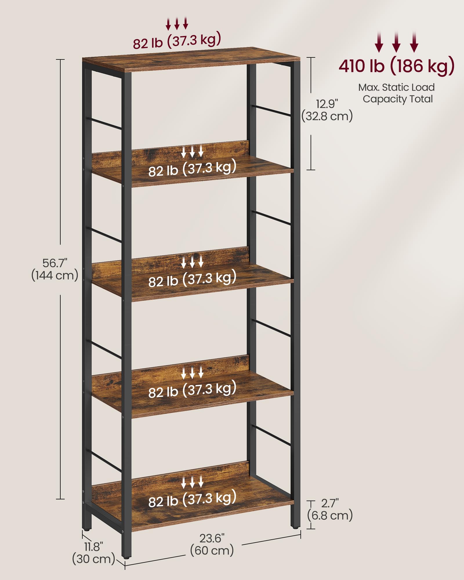 VASAGLE 5-Tier Bookcase - Rustic Brown/Ink Black | 30 x 60 x 144 cm | Supports 37 kg per Shelf 3