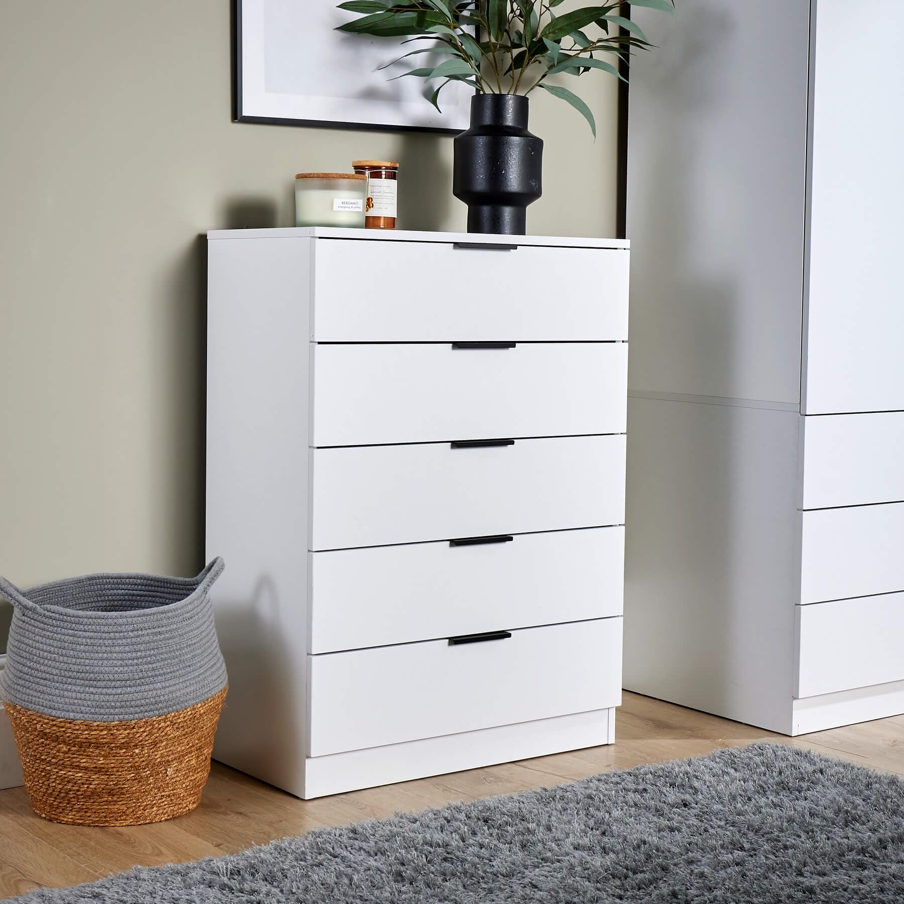 Home Source Phoenix Tall 5 Drawer Chest of Drawers - White | 90H x 63W x 35D cm 2