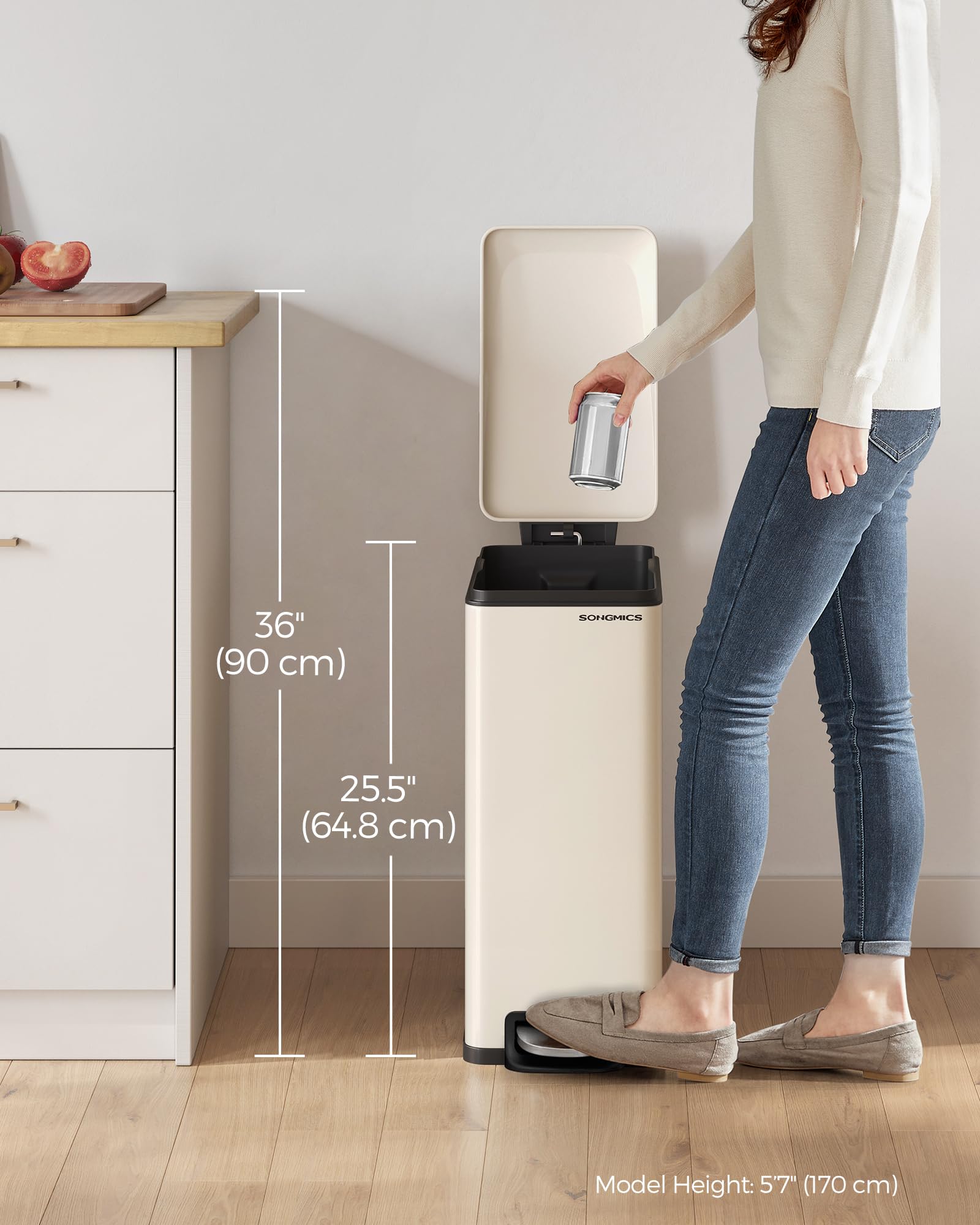SONGMICS Kitchen Bin - Slim Pedal Waste Separation System | 48 L (12.7 Gallon) | Sand Beige 7