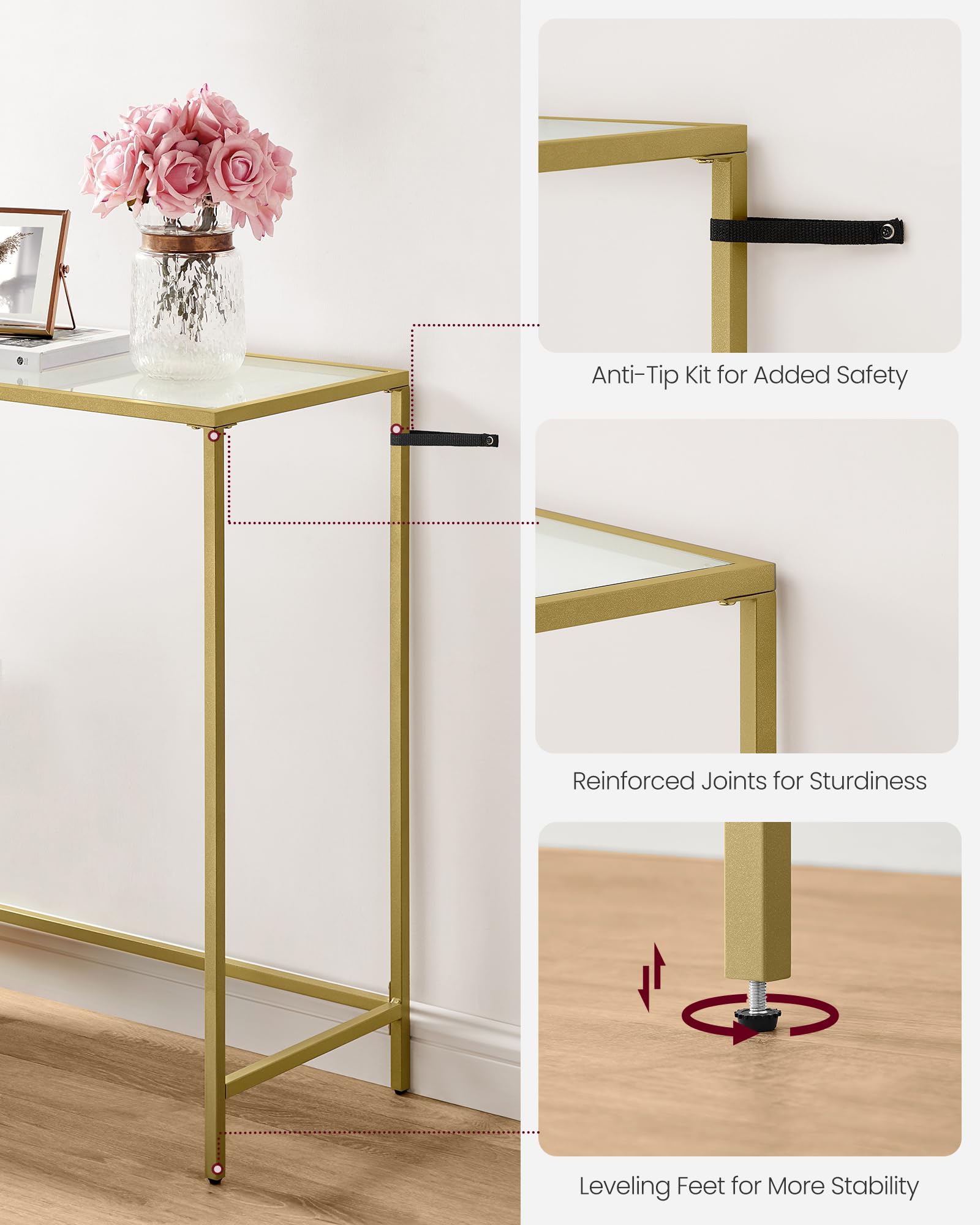VASAGLE Console Table - Tempered Glass Top | Metal Frame | 100x35x80 cm | Gold Finish 7