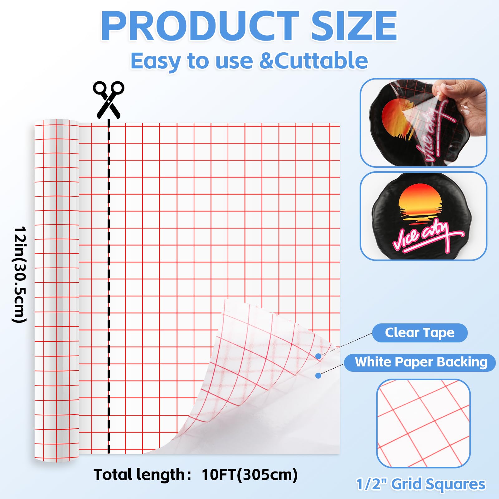 MOXYOY Transfer Tape for Vinyl - Medium Tack | 12' x 10FT Roll | Clear Red Grid 2