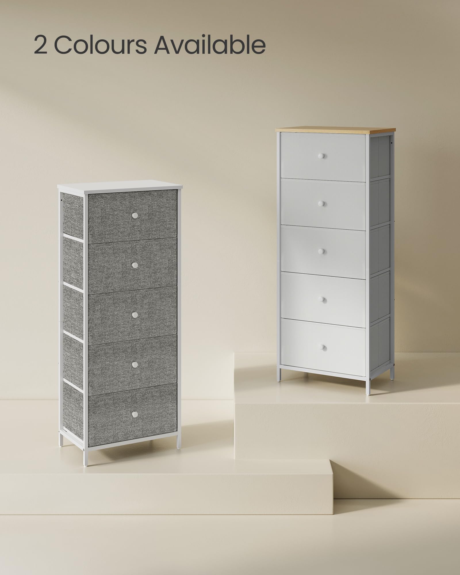 SONGMICS Chest of Drawers - 5 Fabric Drawers, Metal Frame, Tall & Slim Storage | Dove Grey/Cream White 7