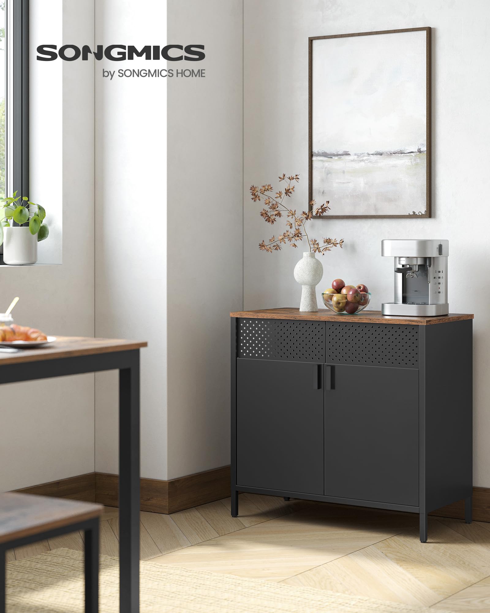 SONGMICS Storage Cabinet - Rustic Brown/Black Metal Cabinet with Adjustable Shelf | 80W cm 4