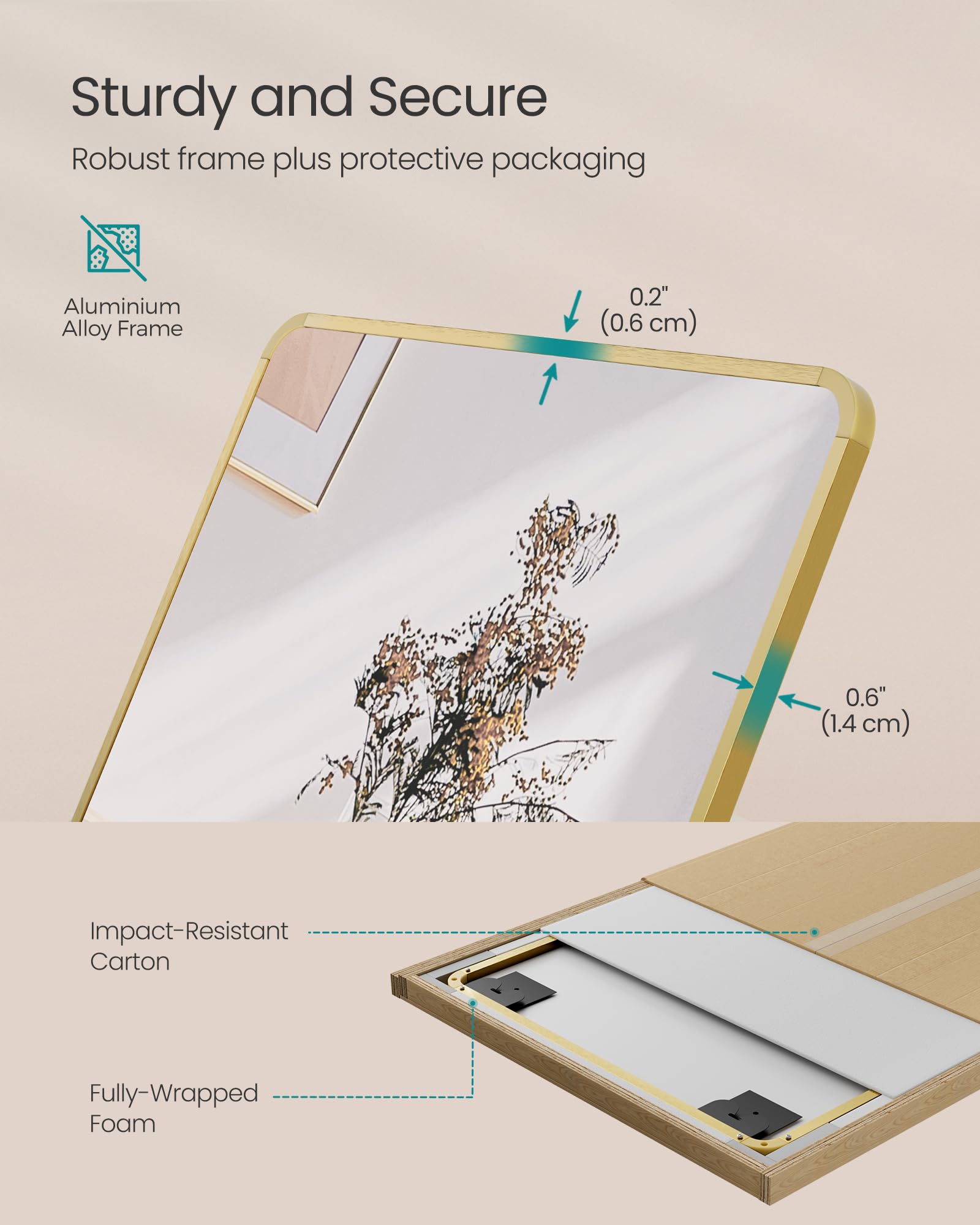 SONGMICS Full Length Floor Mirror - 160 x 50 cm | Pale Gold Aluminium Frame | Shatterproof 7