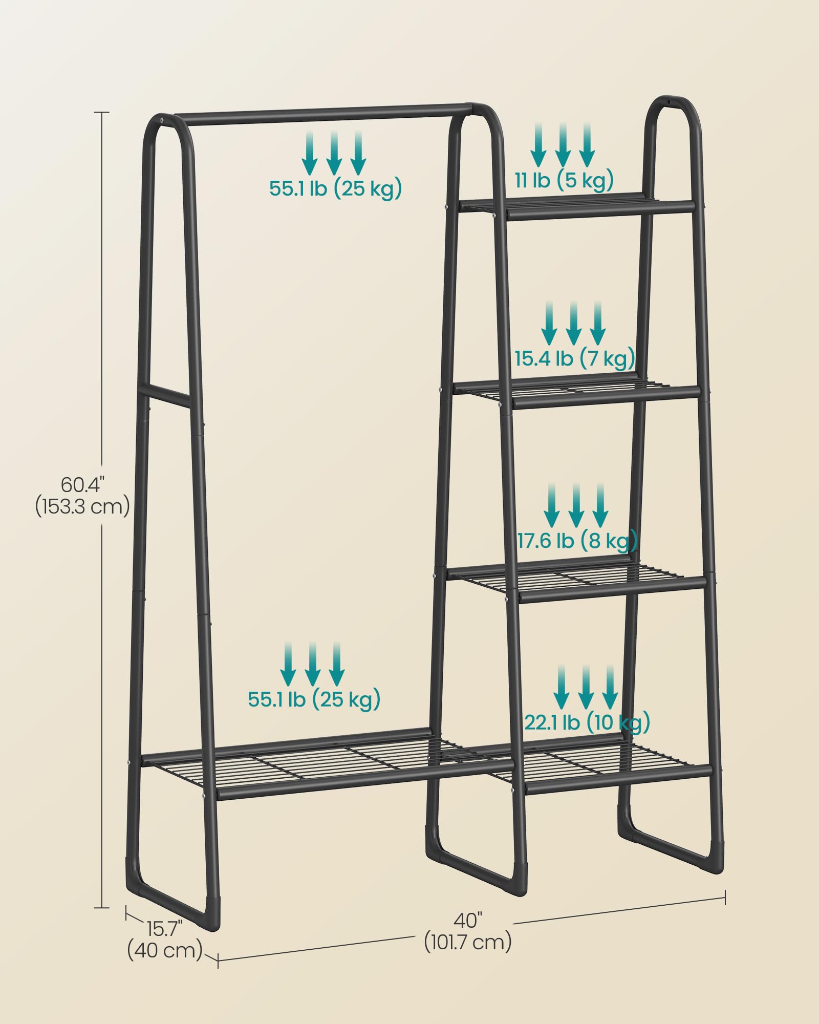 SONGMICS Freestanding Clothes Rack - 5 Shelves, Metal, Matte Black | 40 x 101.7 x 153.3 cm 6