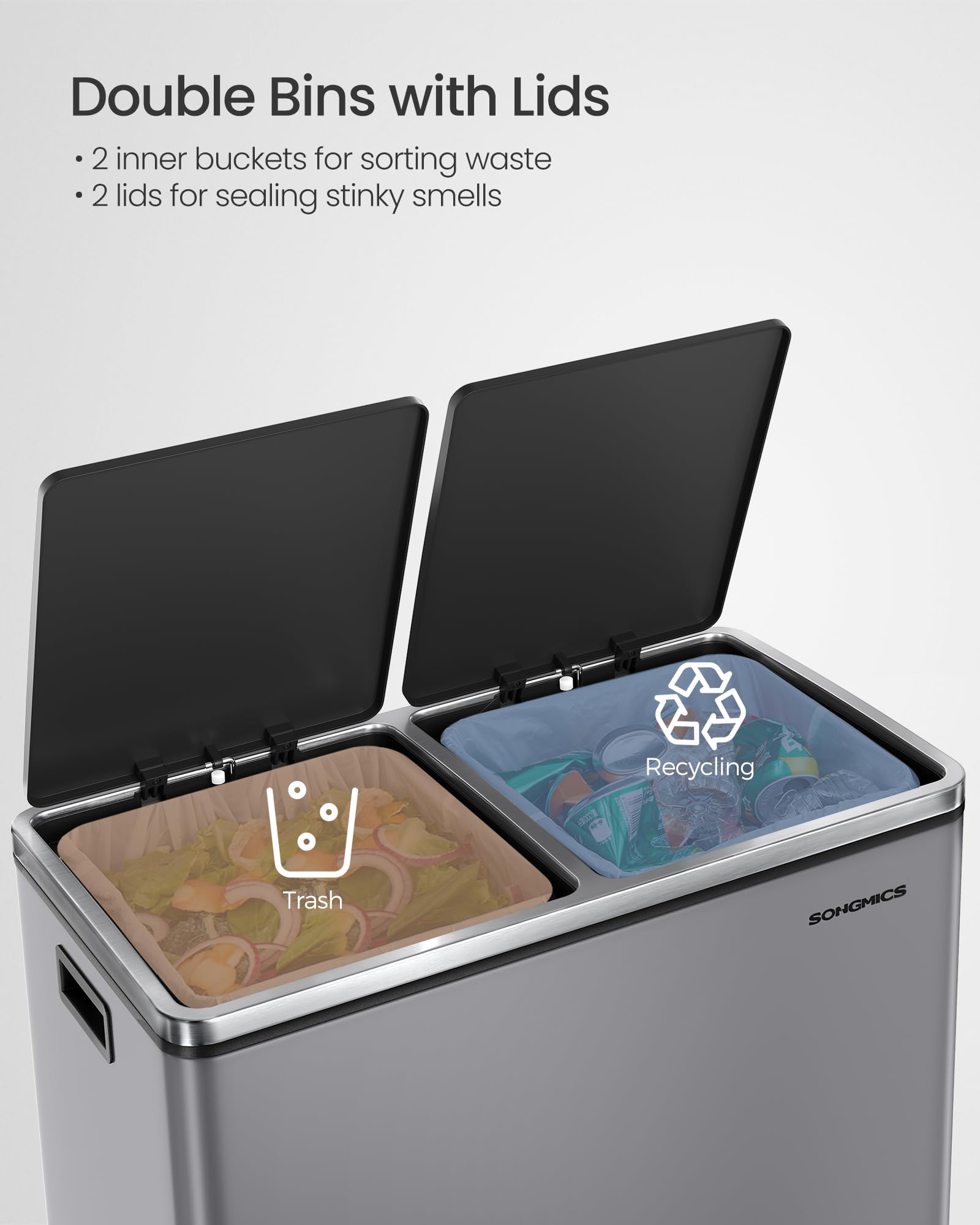 SONGMICS Dual Rubbish Bin - 2 Compartments, 2 x 30L, Soft Closure, Pedal Operated | Slate Grey 3