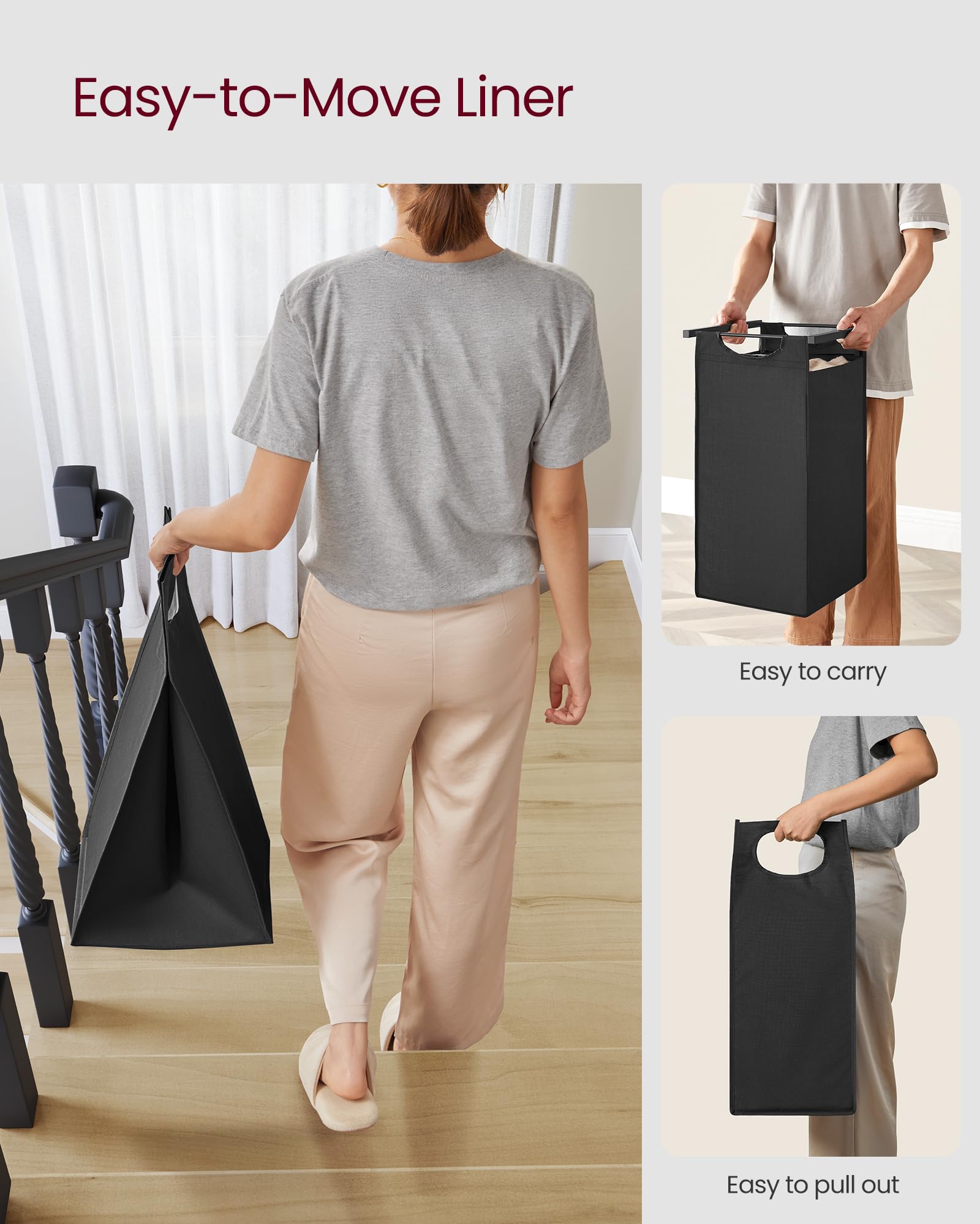 VASAGLE 3-Compartment Laundry Hamper with Pull-Out Liners | 120 L Capacity | Rustic Brown + Black 9