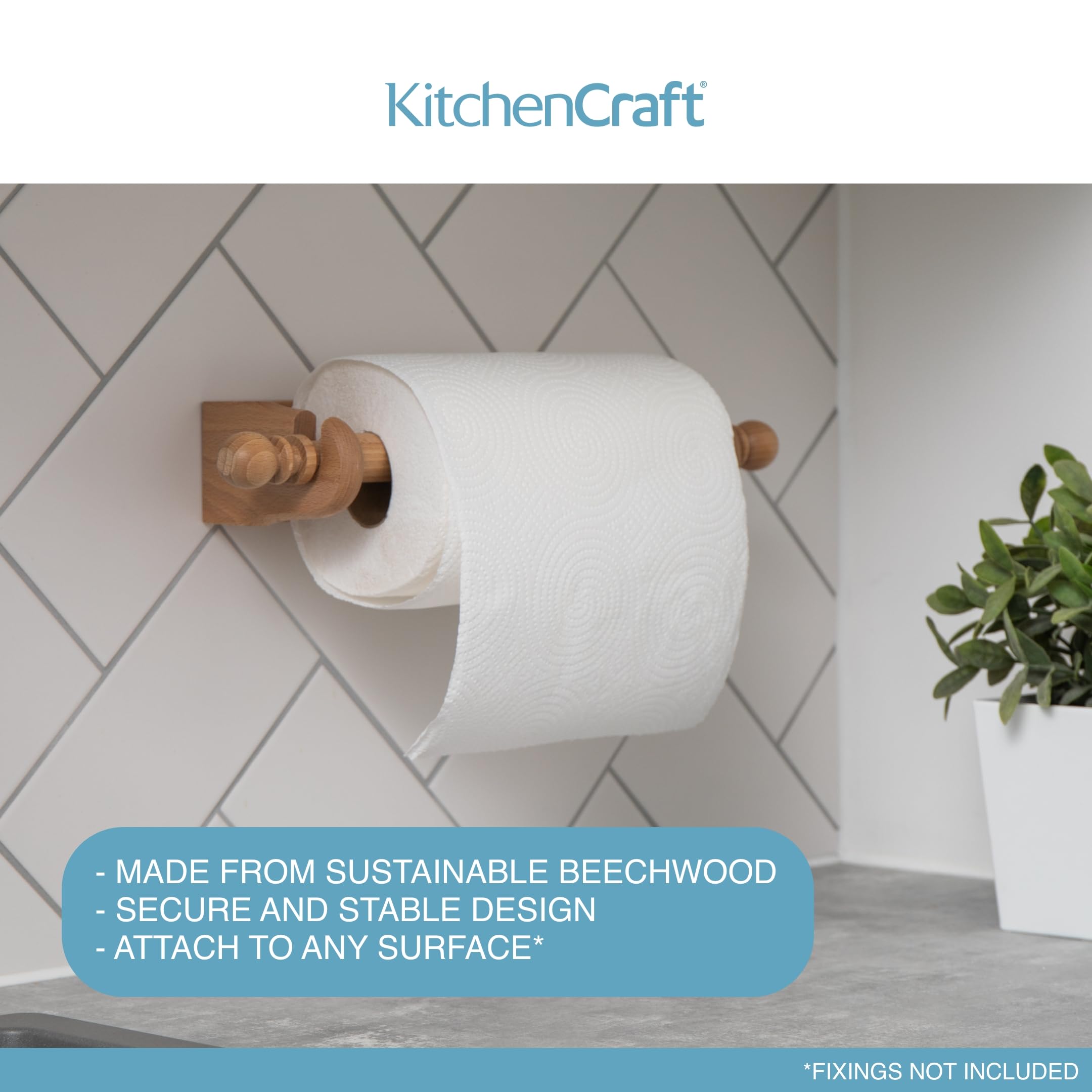 KitchenCraft Wall Mounted Paper Towel Holder - Beechwood, Space Saving Design | Fits 25 cm Rolls 6