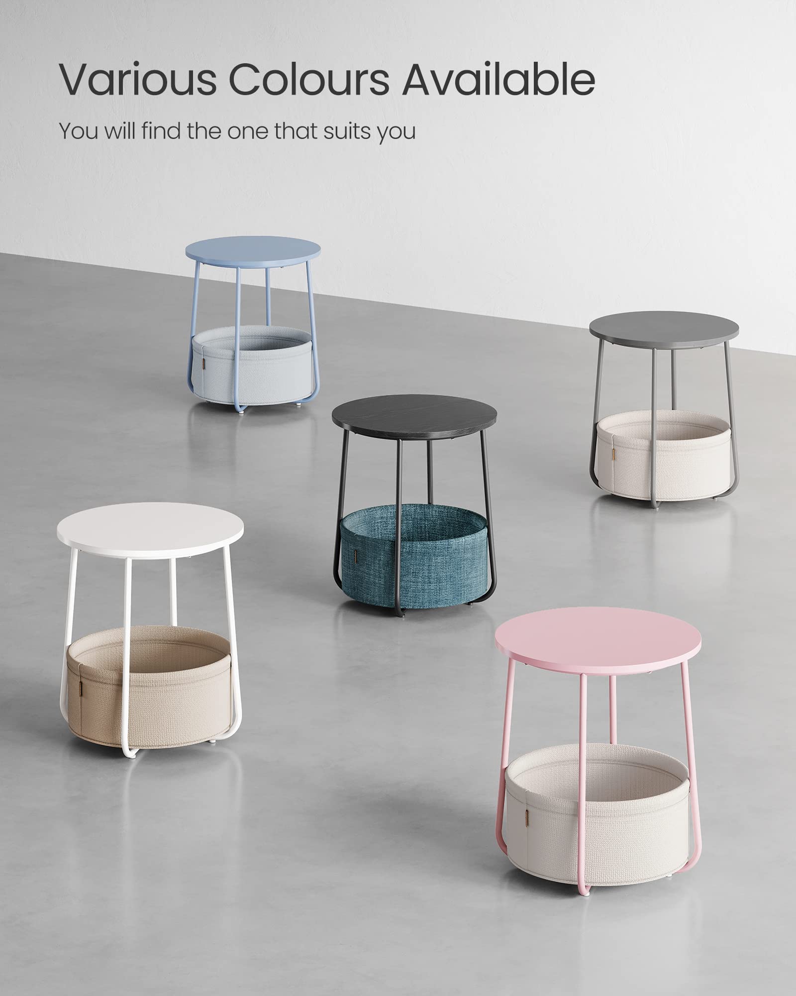VASAGLE Round End Table with Fabric Basket - Cement Grey/Cloud White | 45 x 50 cm | Space Saving 8