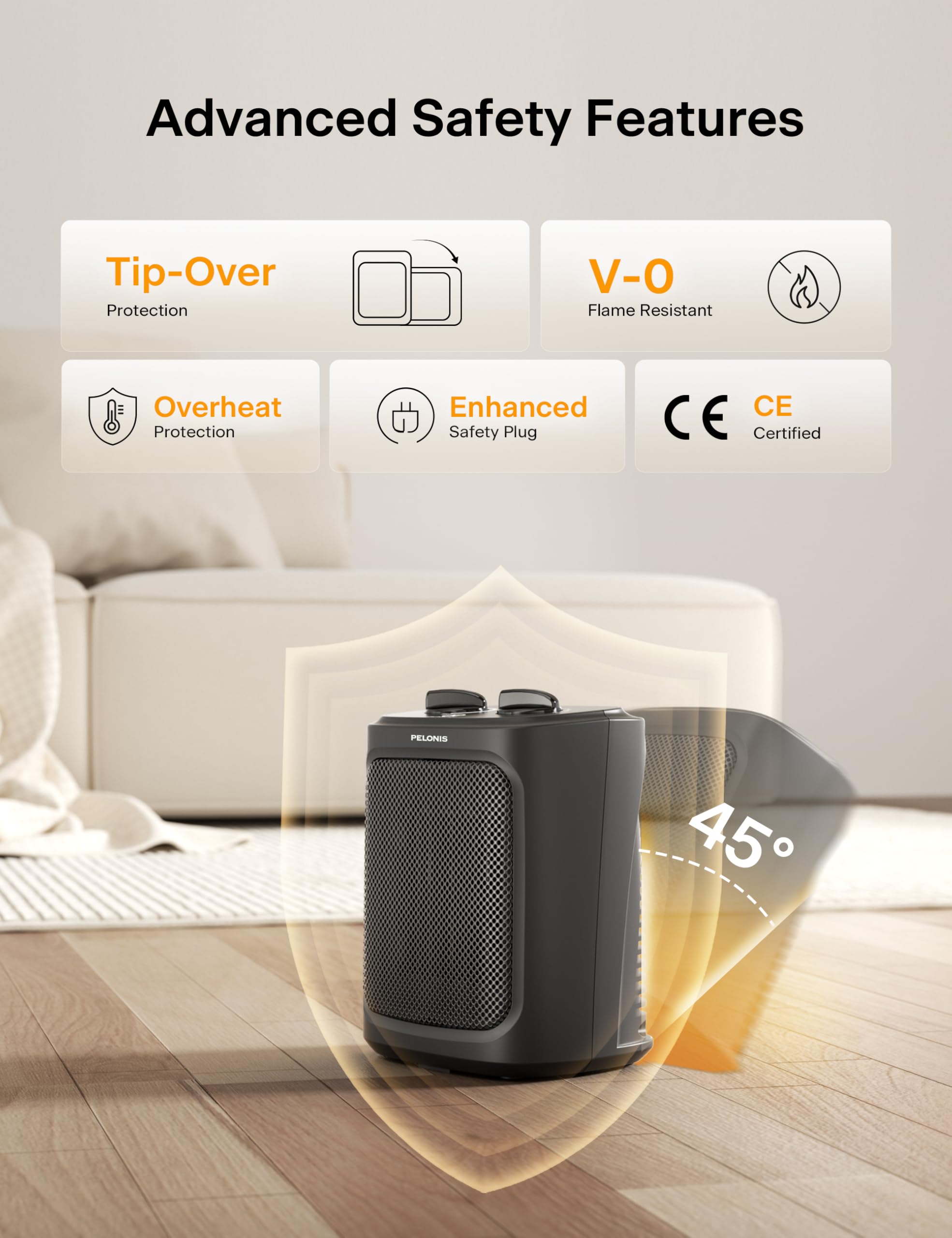 Pelonis 2-in-1 Mini Electric Fan Heater 2000W with Adjustable Thermostat | Ceramic PTC Heating | Black 4