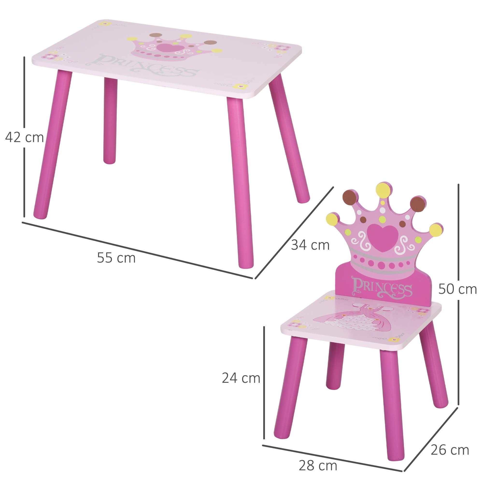 HOMCOM 3 Pc Kids Table and Chair Set - Princess & Crown Theme | MDF & Pine Wood | Pink 7
