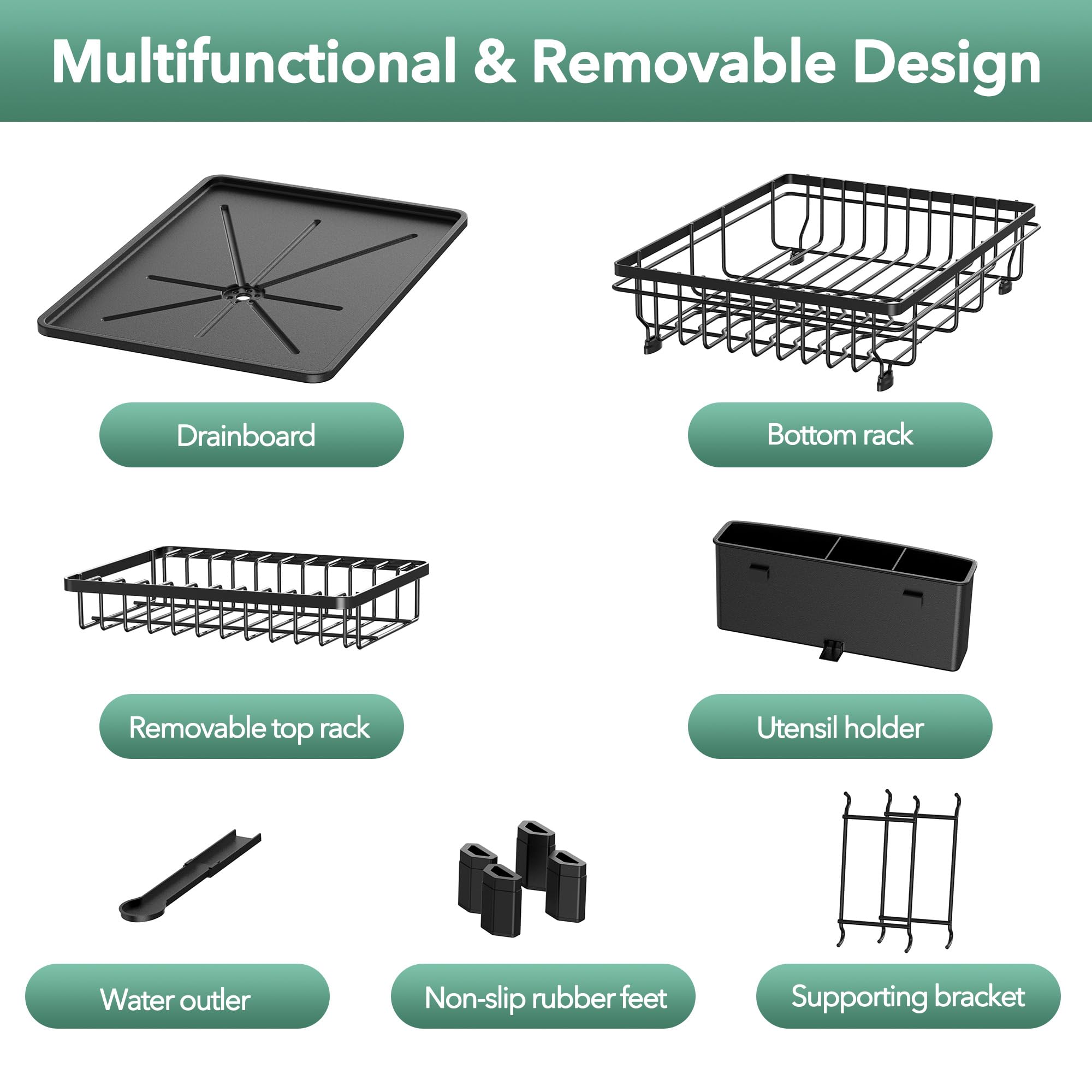 Rottogoon Large 2-Tier Dish Drying Rack - Stainless Steel, Black, with Drainboard & Utensil Holder 5