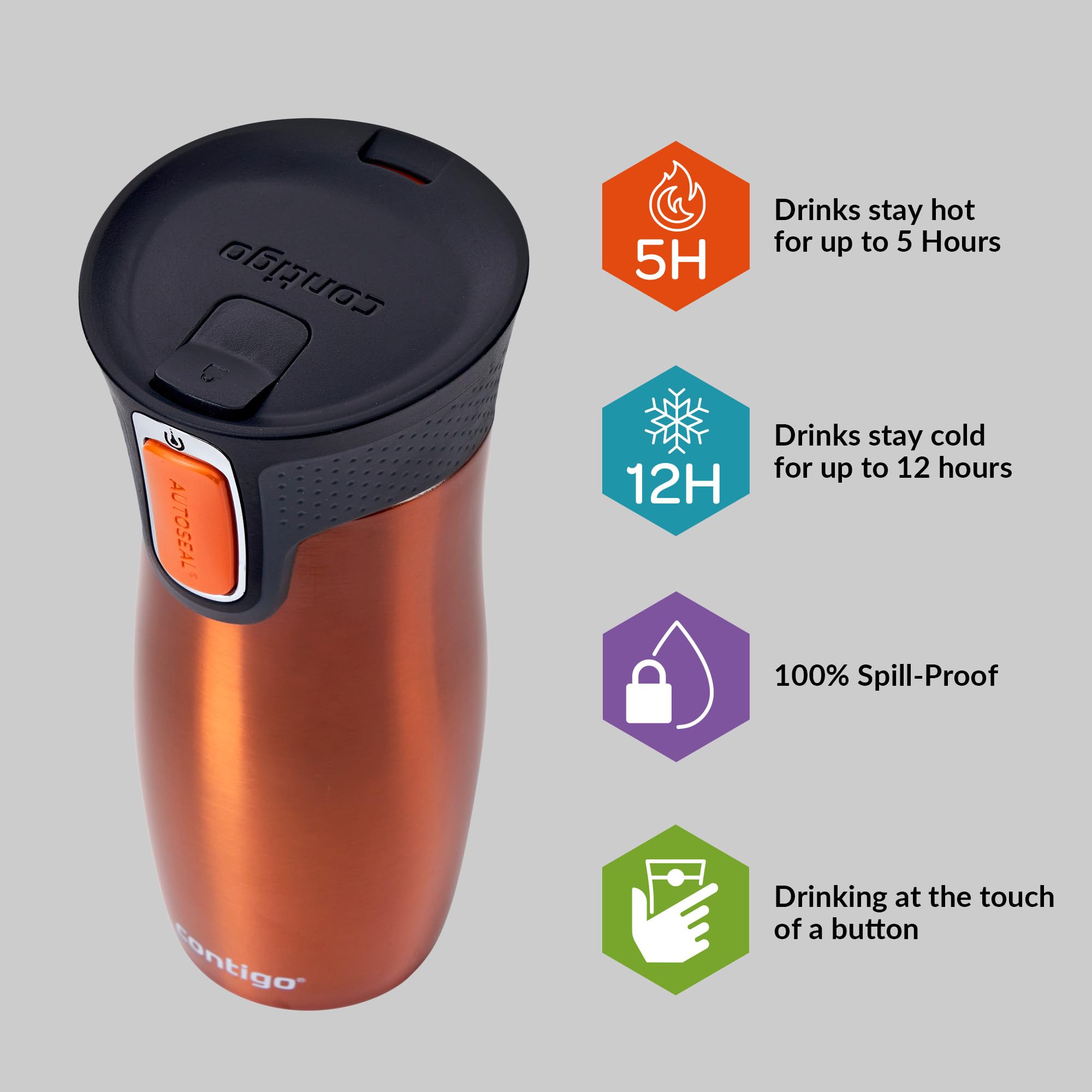 Contigo West Loop Autoseal Travel Mug - 470 ml Stainless Steel Thermal, Leakproof, Tangerine