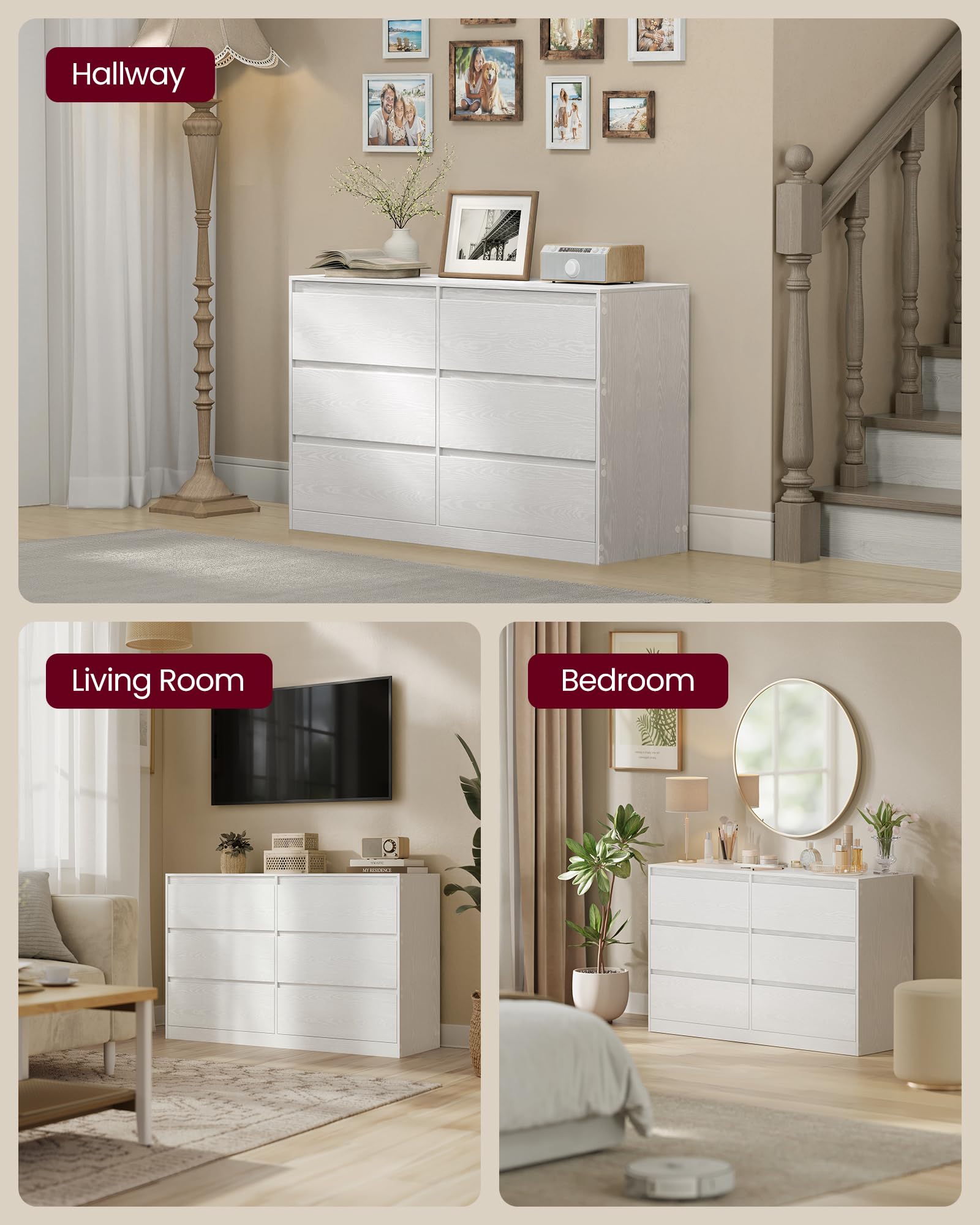 VASAGLE KAILYN Collection Chest of Drawers - 6 Drawers | Snow White | Particleboard & MDF 6