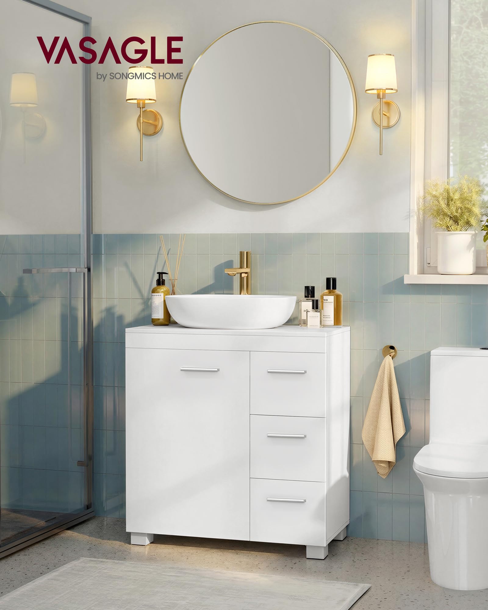 VASAGLE Under Sink Bathroom Cabinet - Cloud White | 3 Drawers | Adjustable Shelf | MDF/Particleboard