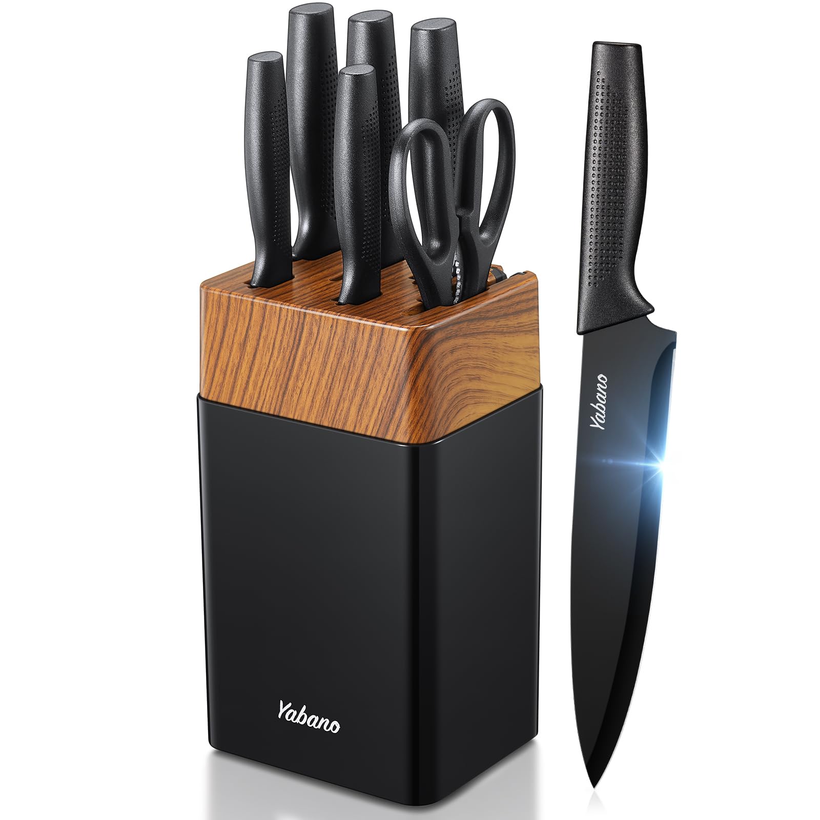Yabano 7 Piece Kitchen Knife Set with Built-in Sharpener Block | Stainless Steel | Black